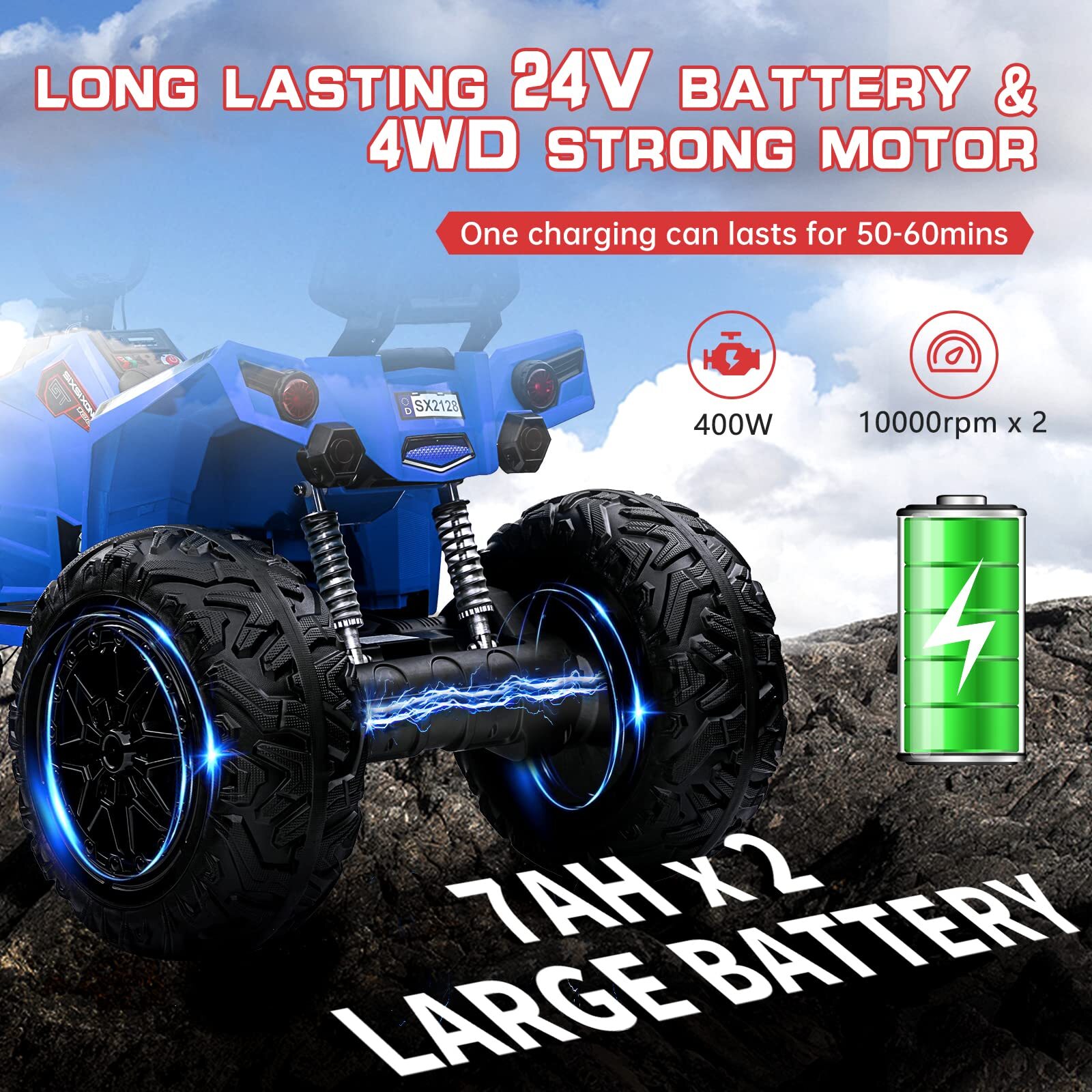 Kids ATV Car, 24V Ride On Car 4WD Quad Electric Vehicle, 4x80W Powerful Engine