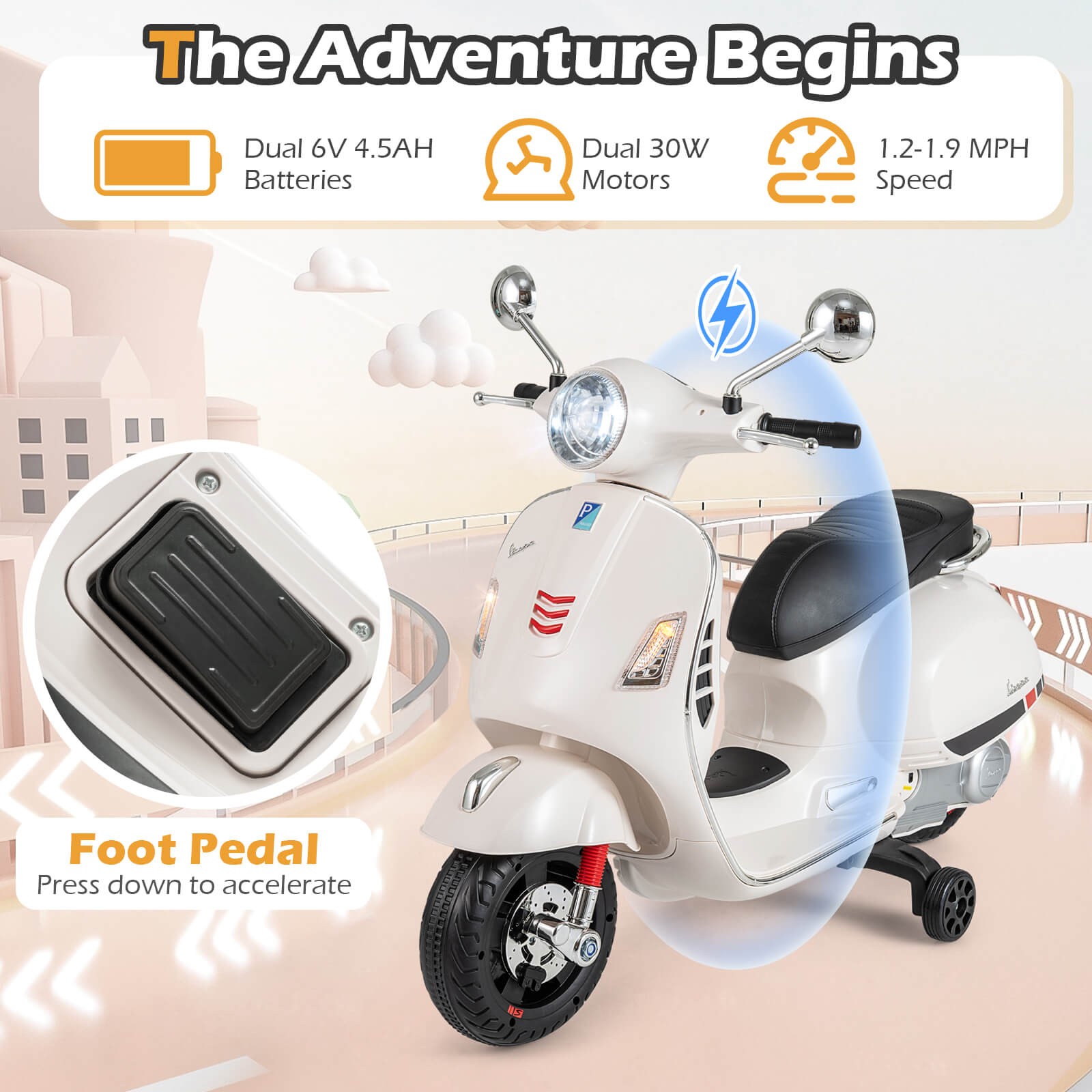 Licensed VESPA 12V Kids Electric Motorcycle w/Music Horn Story Training Wheels