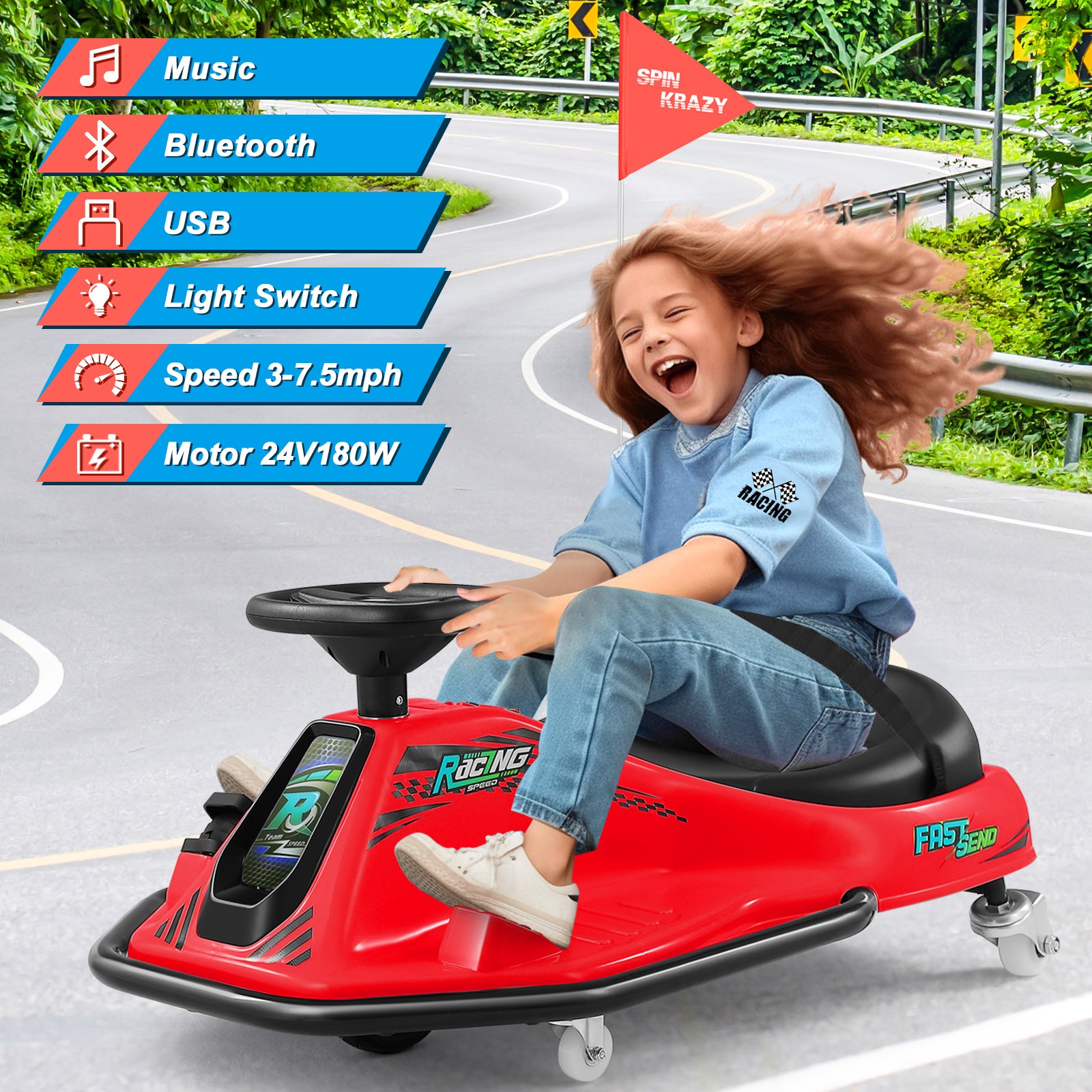24V Kids Red Drifting Go Kart 360° Ride On Cart with Bluetooth