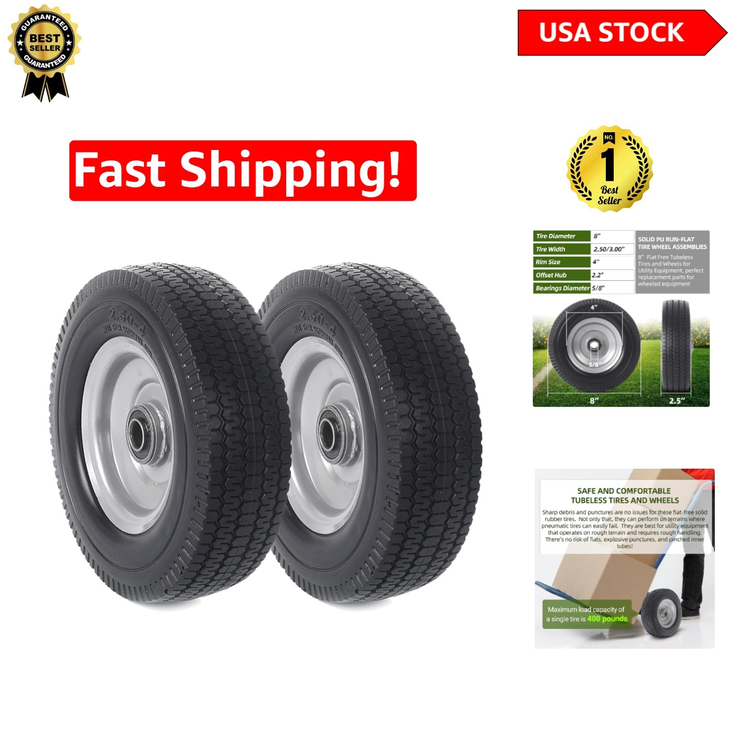 8-Inch Flat-Free Wheel Assemblies – 5/8 & 3/4 Bearing Compatibility