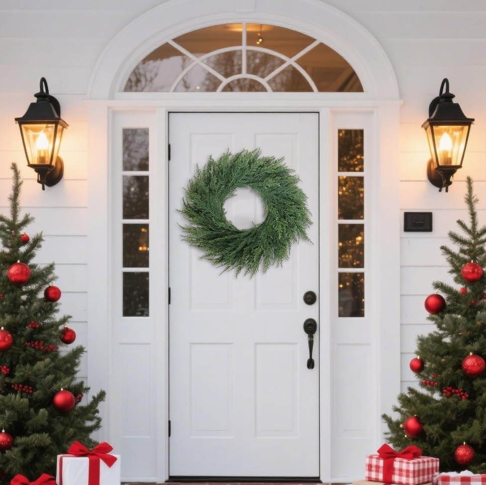 24 Inch Christmas Wreaths for Front Door Real Touch Cedar Wreath Artificial Gree
