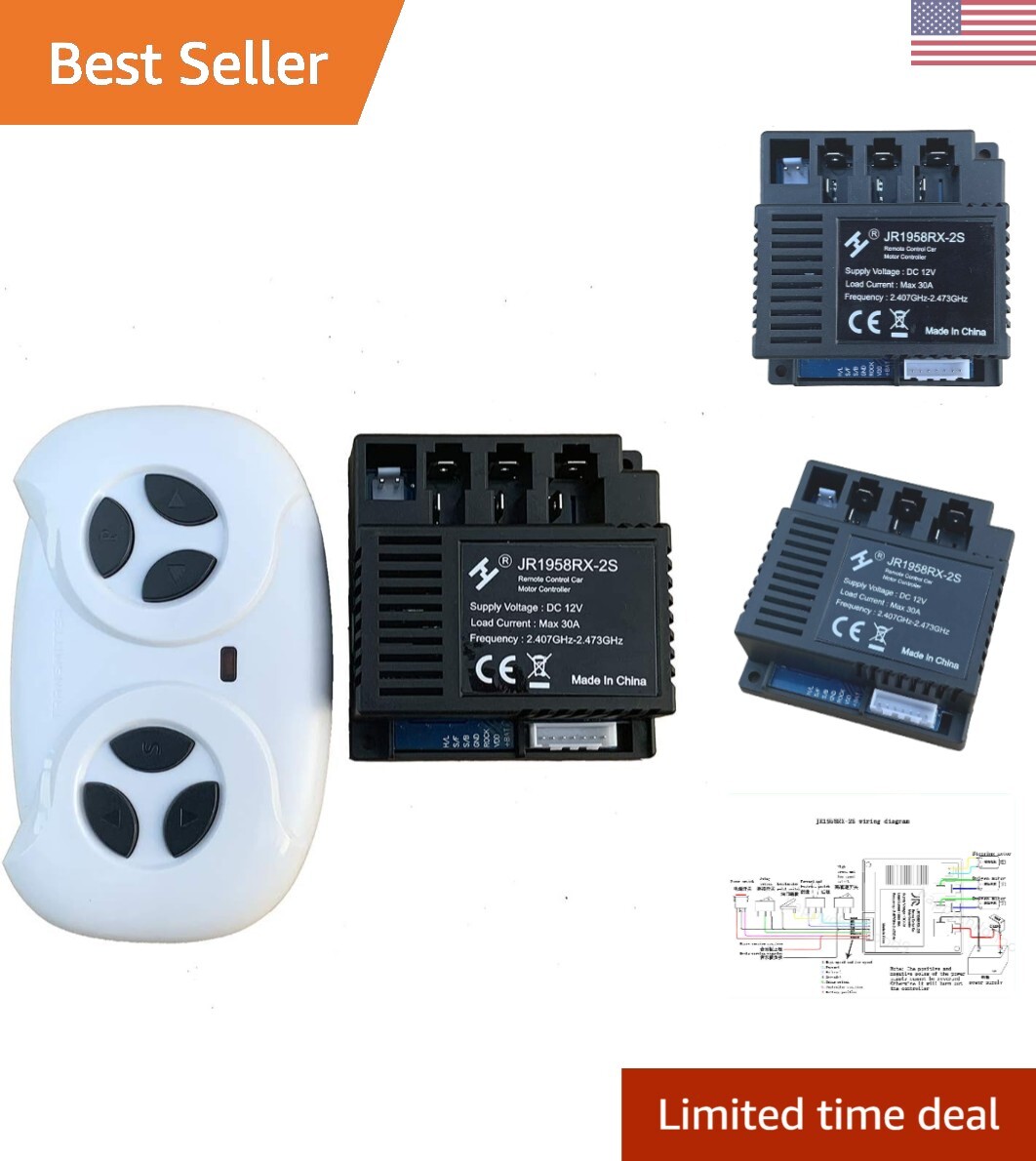 2.4G Bluetooth Remote Control and JR1958RX-2S Receiver Kit for Kids Ride-On Cars