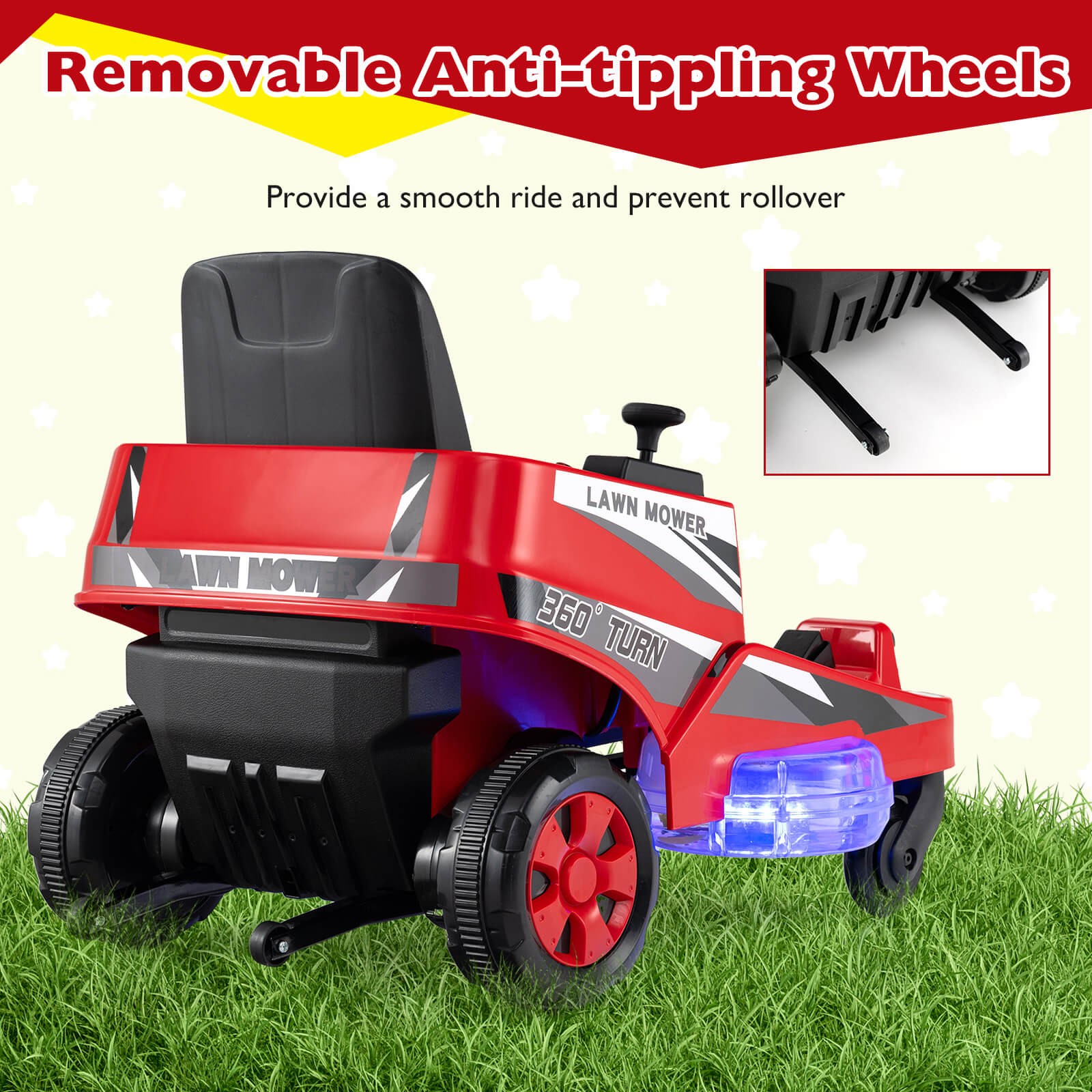 12V Ride on Lawn Mower w/Dual Control Sticks LED Lights Twist Turn for Aged 3-8