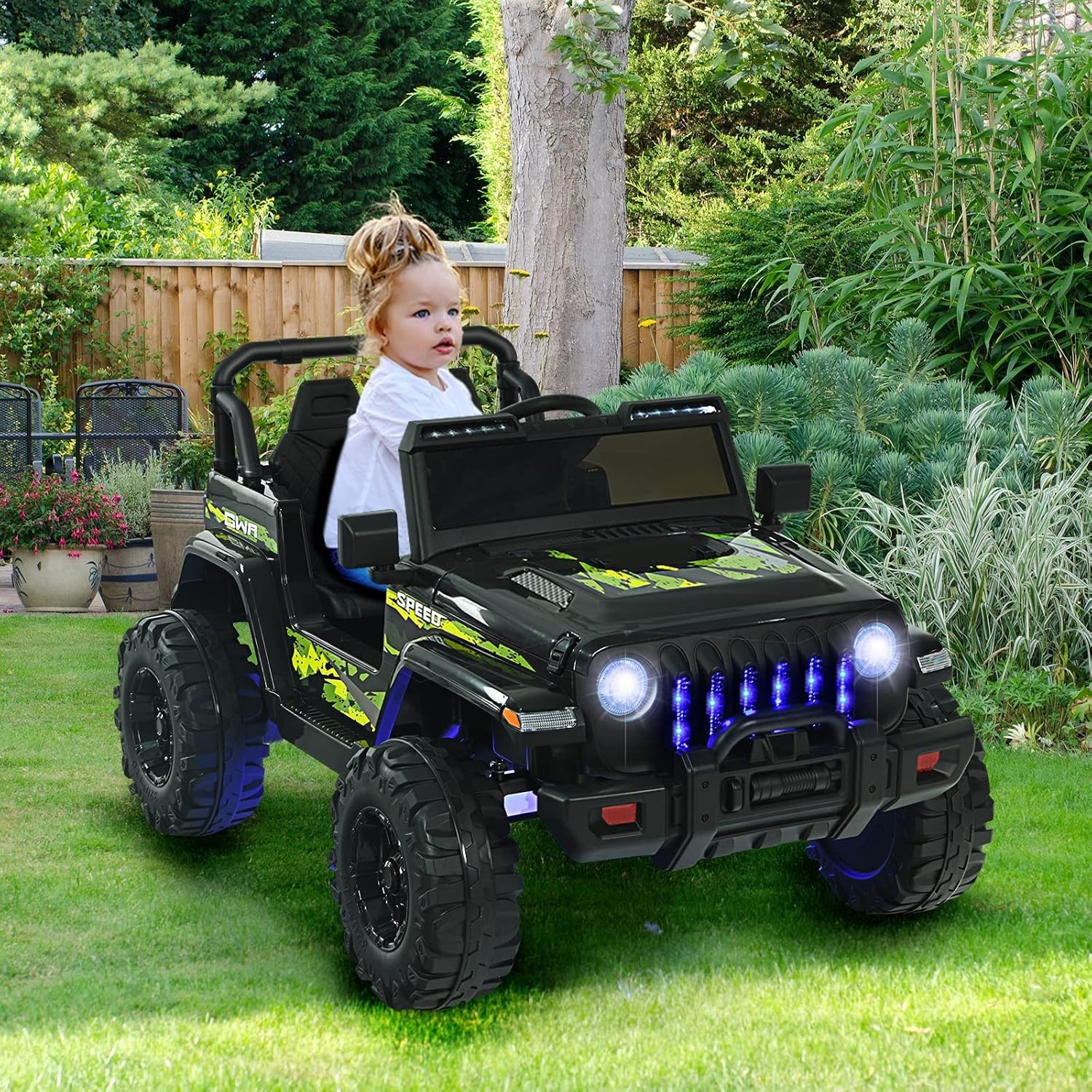 Battery Powered Cars for Kids w/ Music, Lights, Safety Belt