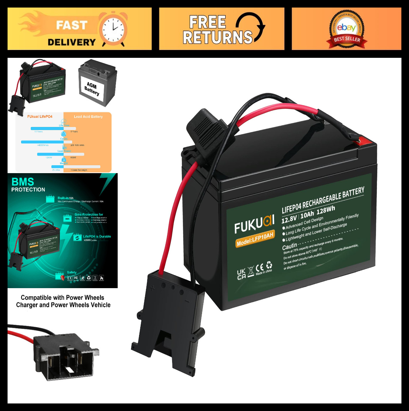 12V 10Ah LiFePO4 Rechargeable Battery for Fisher-Price Power Wheels – 2000 Cycle