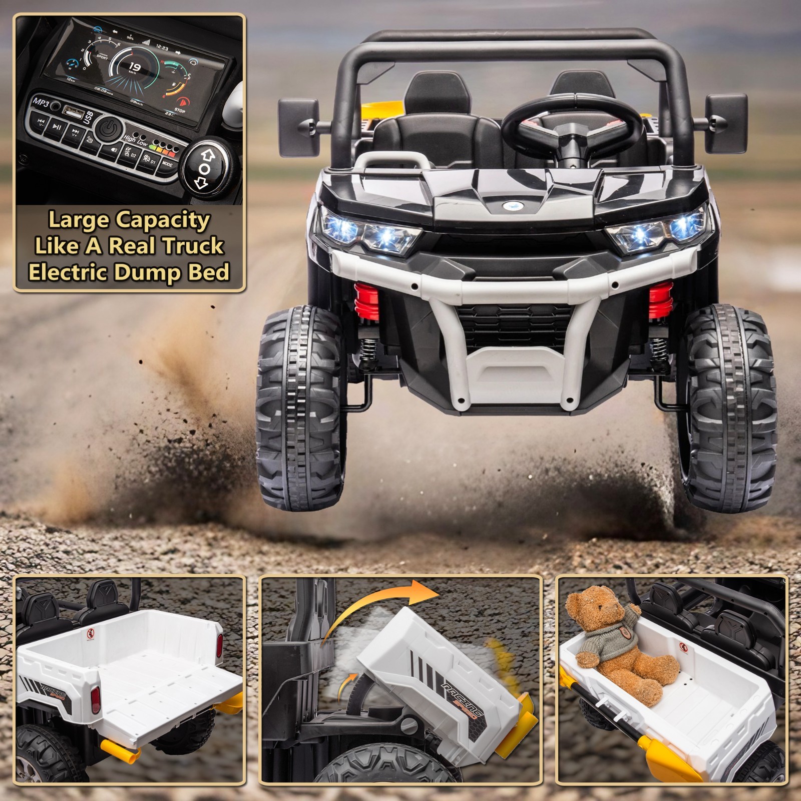 24V Kids Electric Car Truck, 2 Seater Ride on UTV Toys w/Dump Bed, Remote,LED