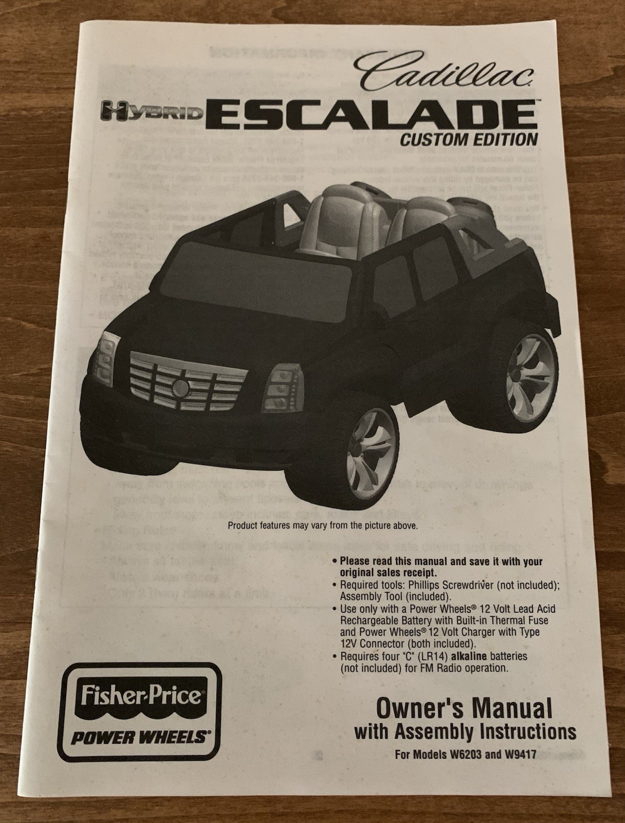 Fisher-Price Power Wheels Cadillac Escalade 27 Page Owner’s Manual W6203 & W9417