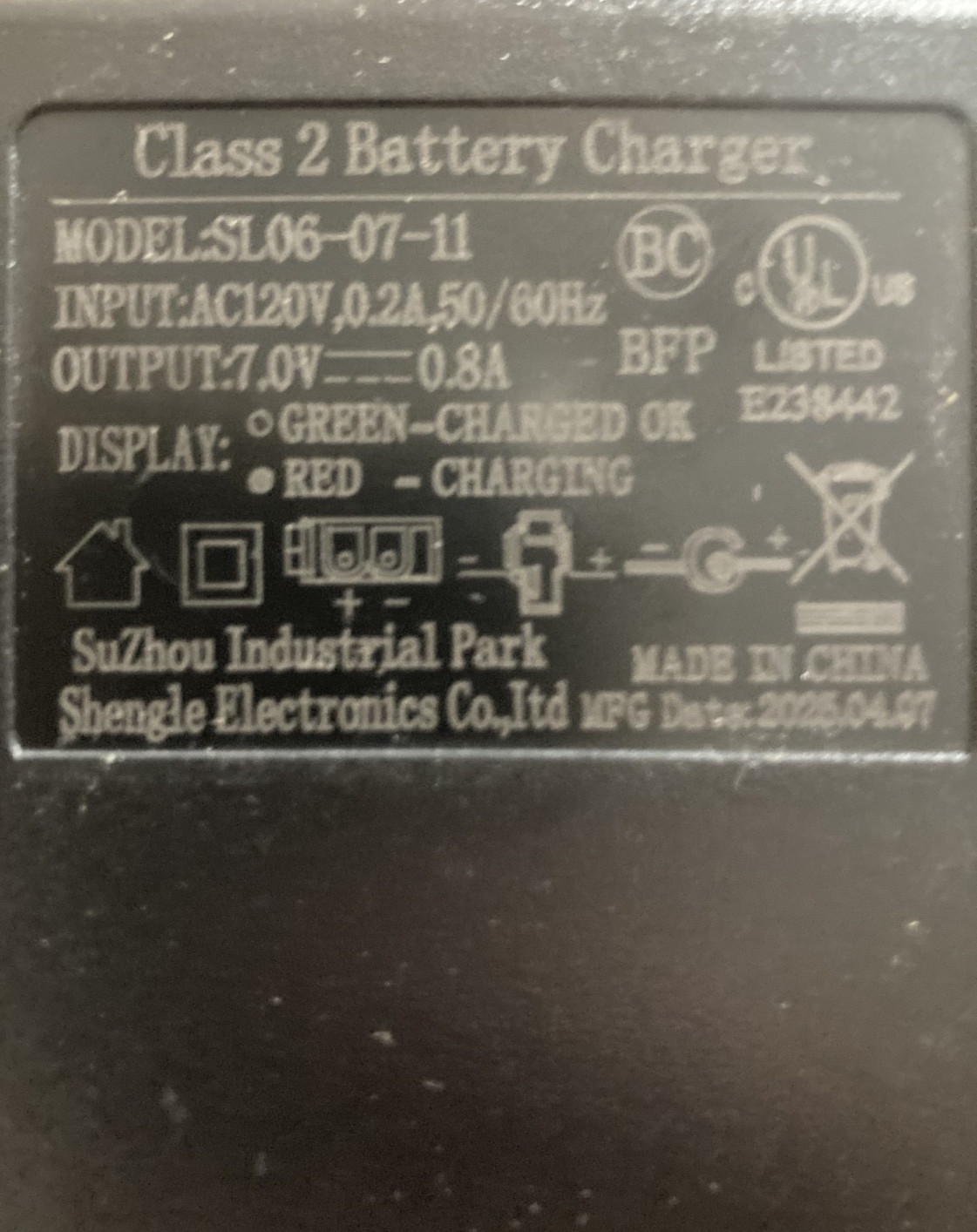 Class 2 Battery Charger | Model: SL06-07-11 | 7.0V 0.8A