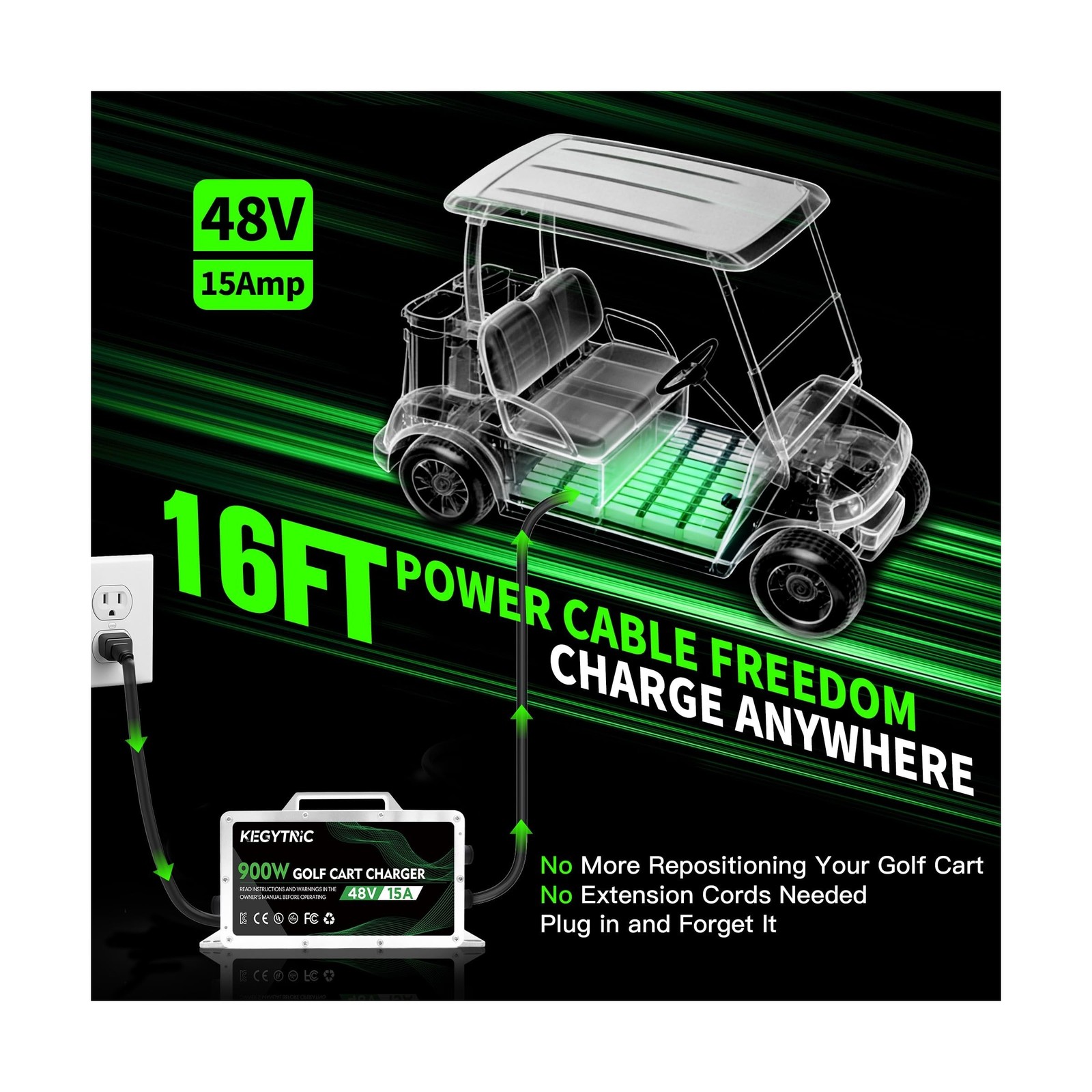 Club Car Battery Charger, 15 AMP 48 Volt Golf Cart Charger with 3-Pin Round P…