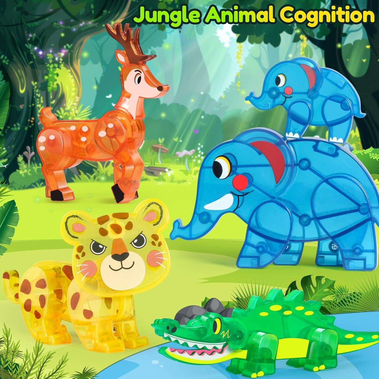 Jungle Animal Toys for Magnetic Tiles, 5Pcs Movable Joints Forest Magnetic Anima
