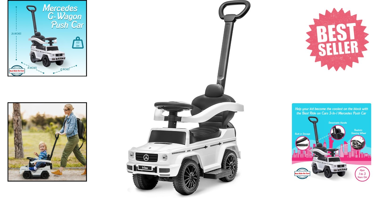 3-in-1 Mercedes G-Wagon: Toddler Stroller & Ride-On with Storage & Safety Guards