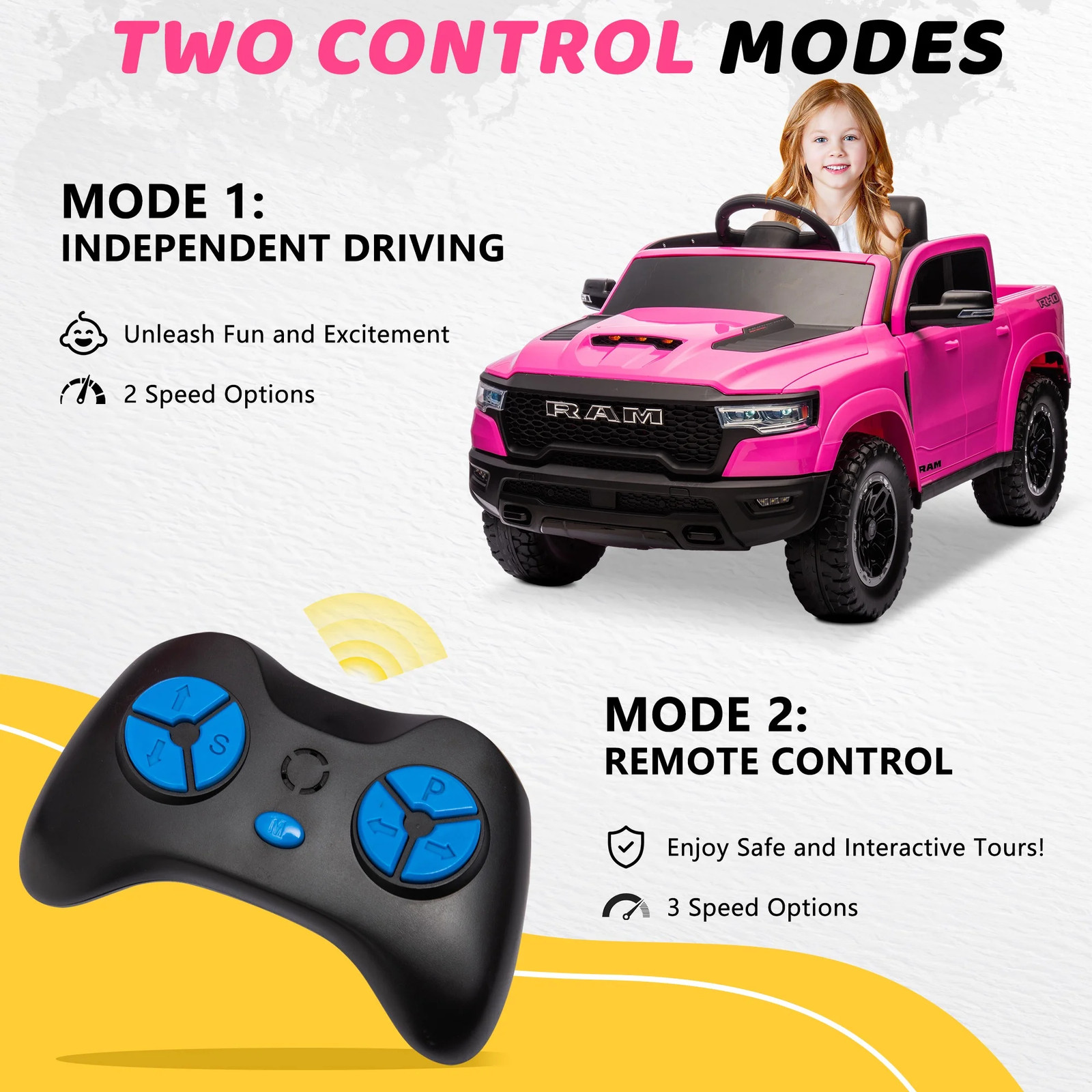 RAM 1500 Ride on Car Toy for Kids, 12V Powered Ride on Truck Toy with Remote Con