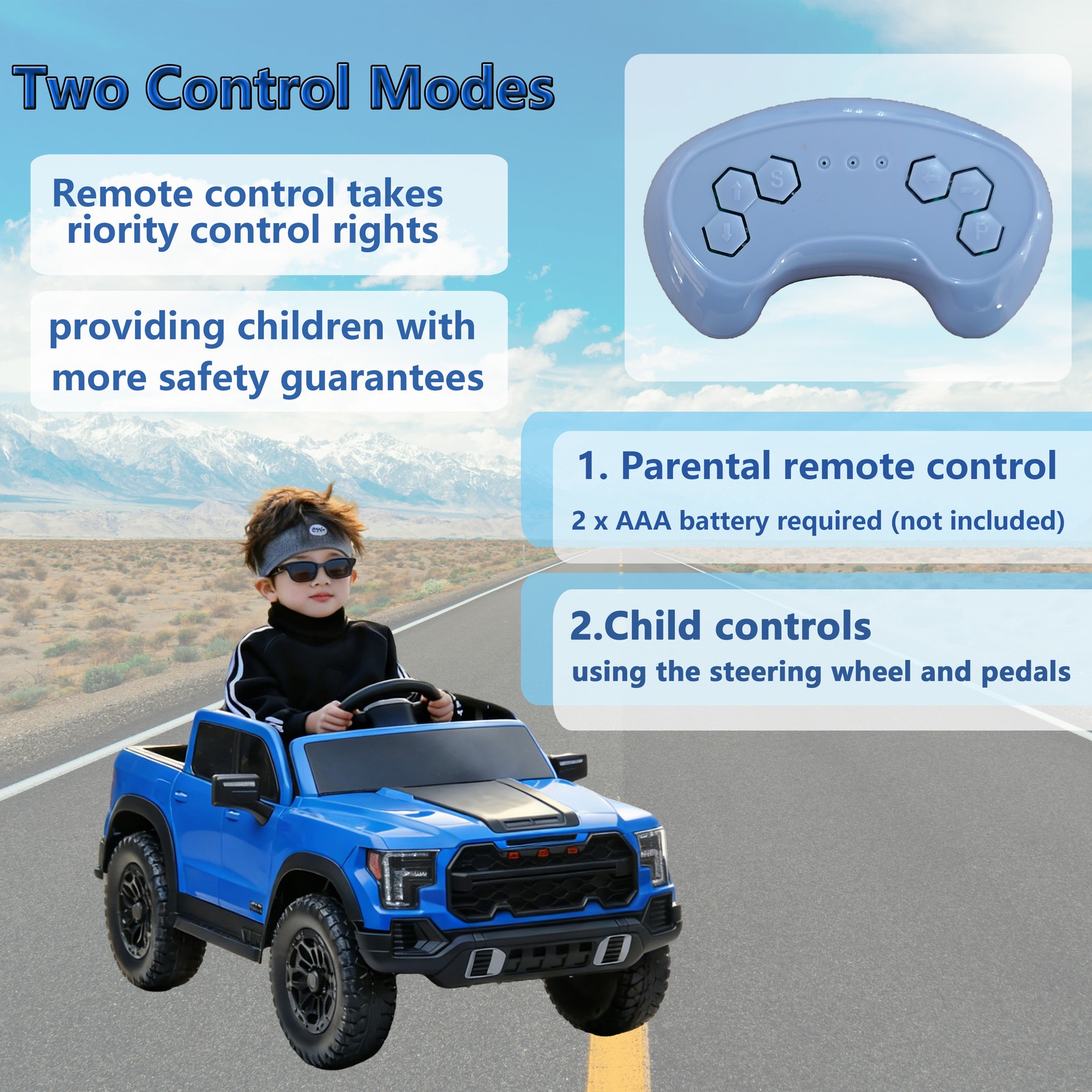 12V Kids Ride-On Car Remote Control, 4-Wheel Shock Absorption 3-6 Years Blue