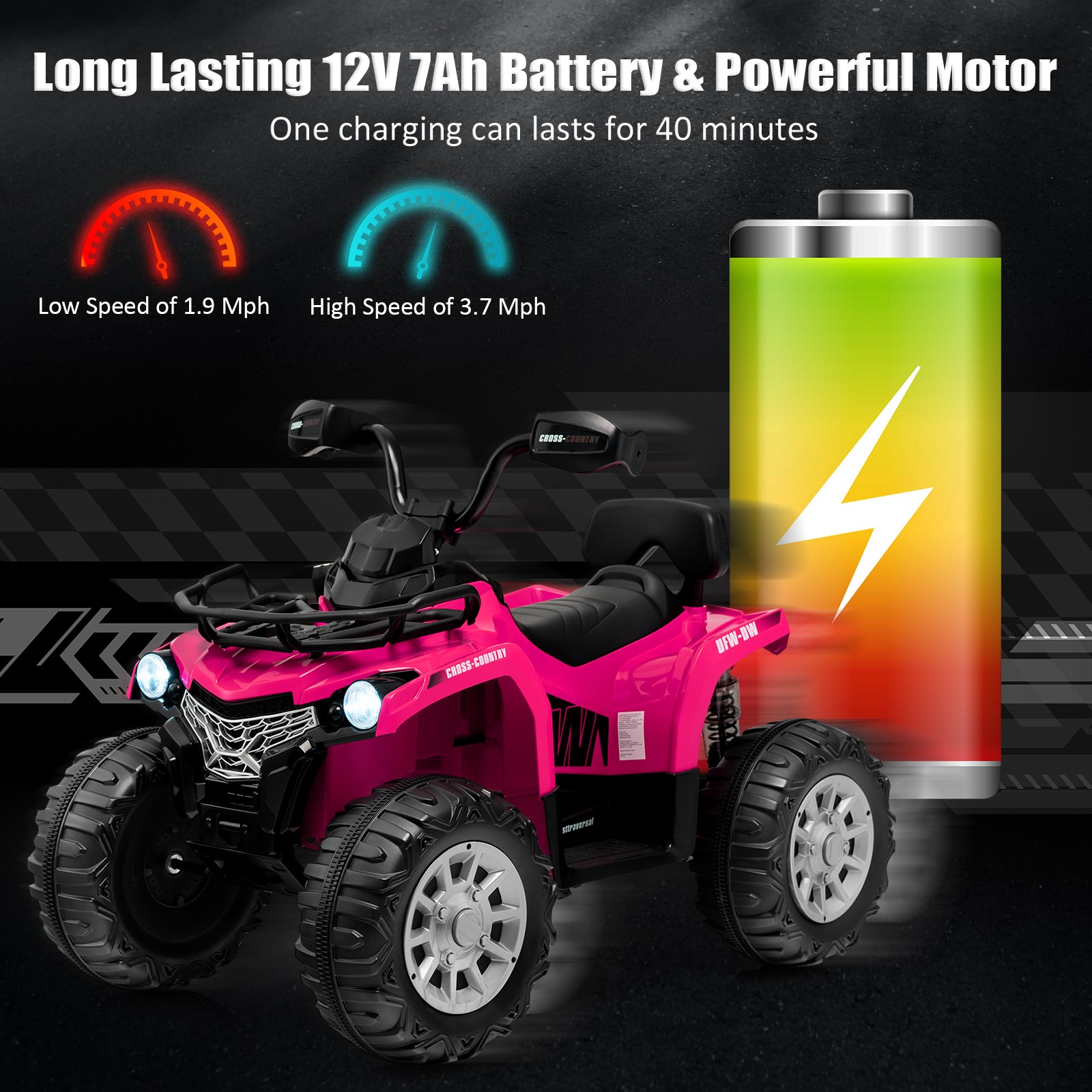 12V 2 Speeds Kids Ride ATV Electric 4-Wheeler Quad w/ Mp3 & Headlights Pink