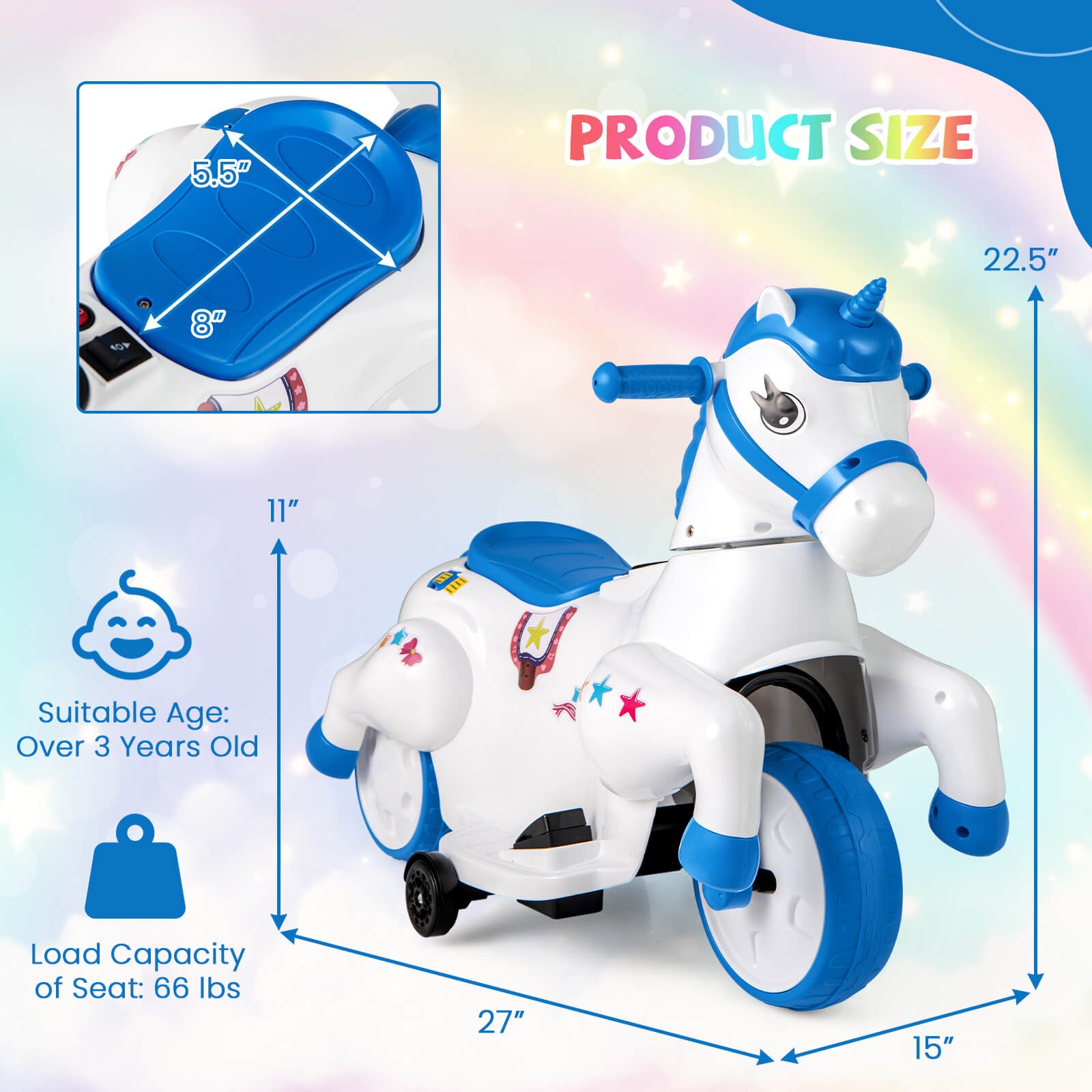 12V Kids Ride on Unicorn Toy w/ Training Wheels Music One-button Start Horse Toy