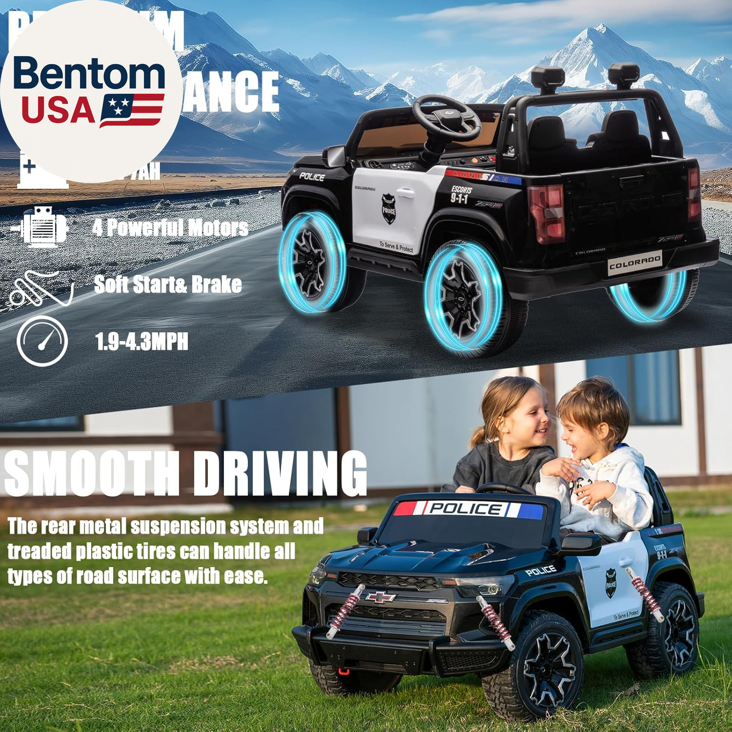 Police Car Ride On, 24V 4WD Kids Car Licensed Chevrolet Colorado, Toddler Car Ri