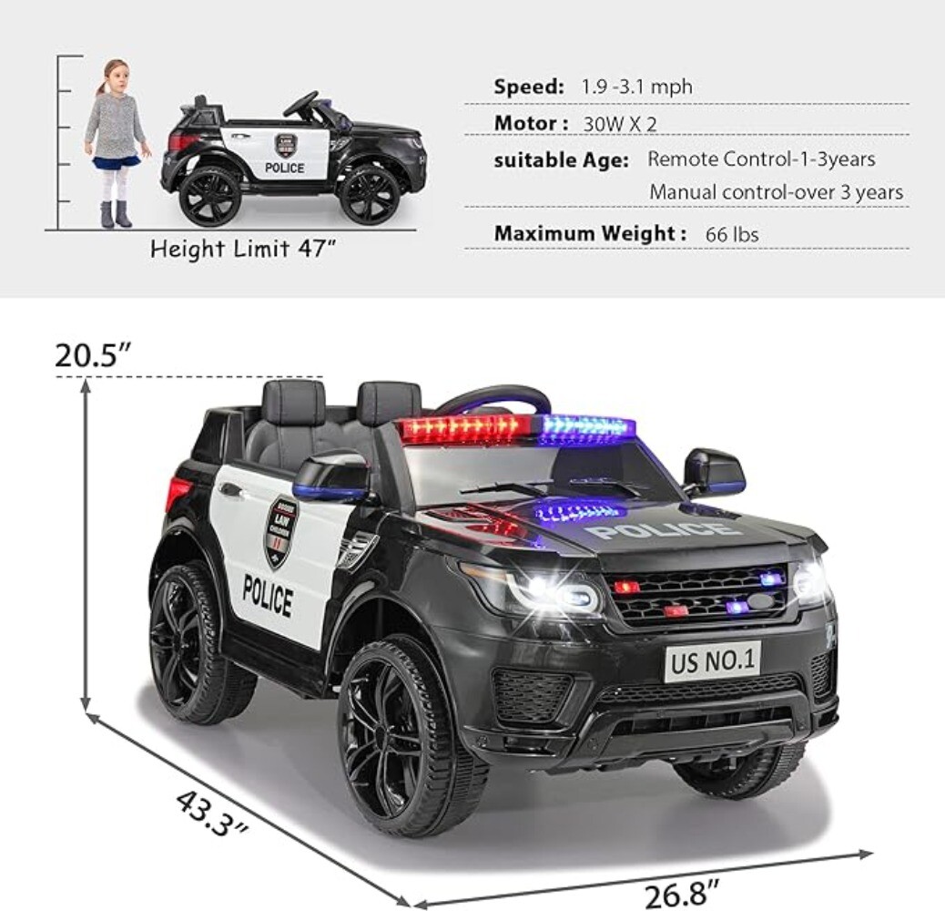 12V Kid Ride on Police Car with Parental Remote Control Battery Powered Electric
