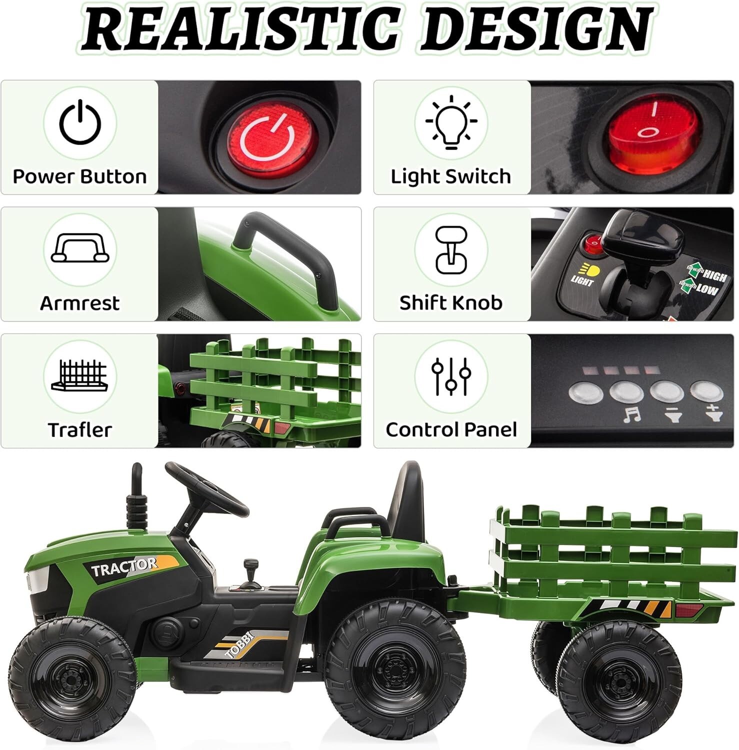 TOBBI 12V Kids Ride On Tractor Battery-Powered Toy with Trailer 35W Dual Motors