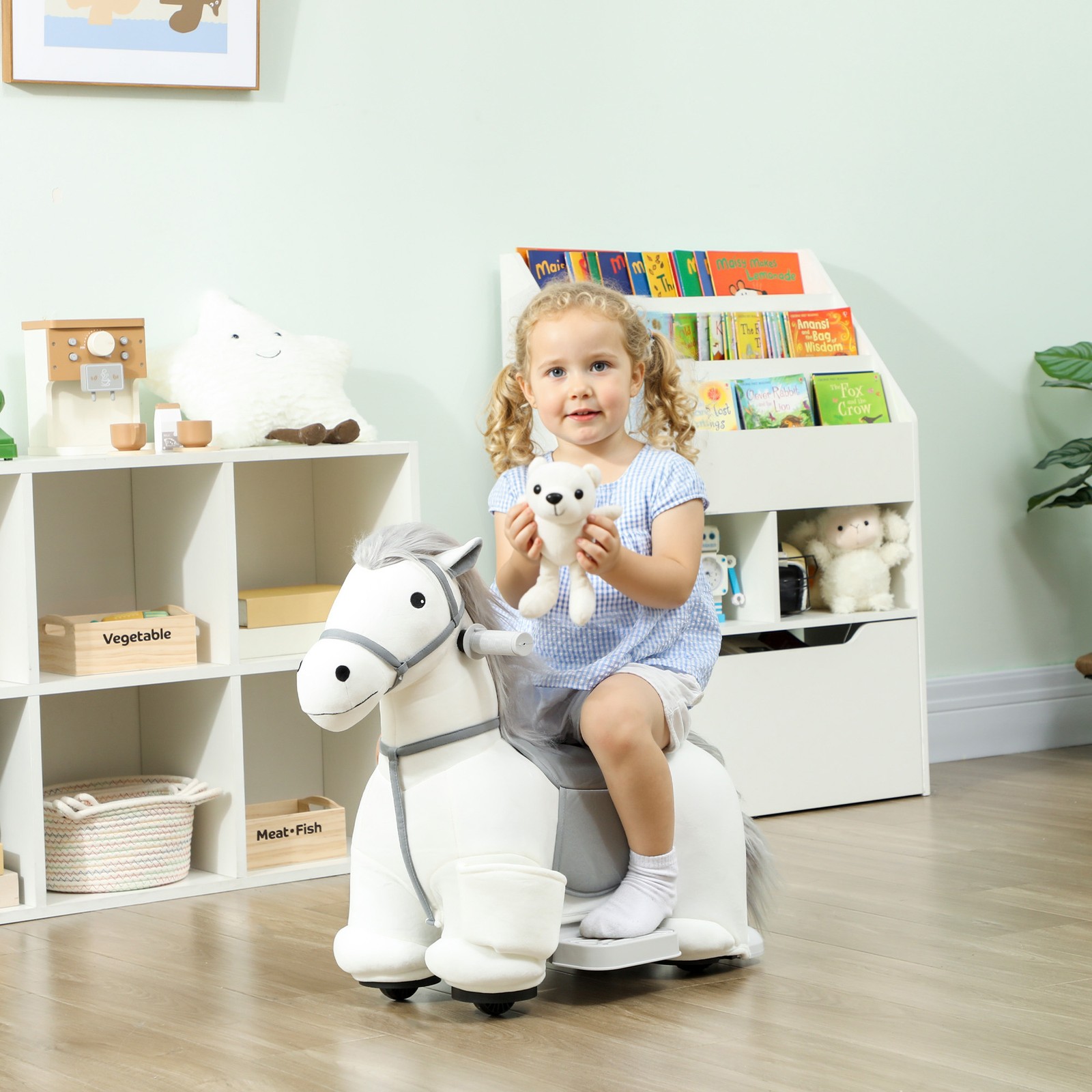 6V Ride On Horse, Battery Powered Ride on Toy with Bear Toy, Music