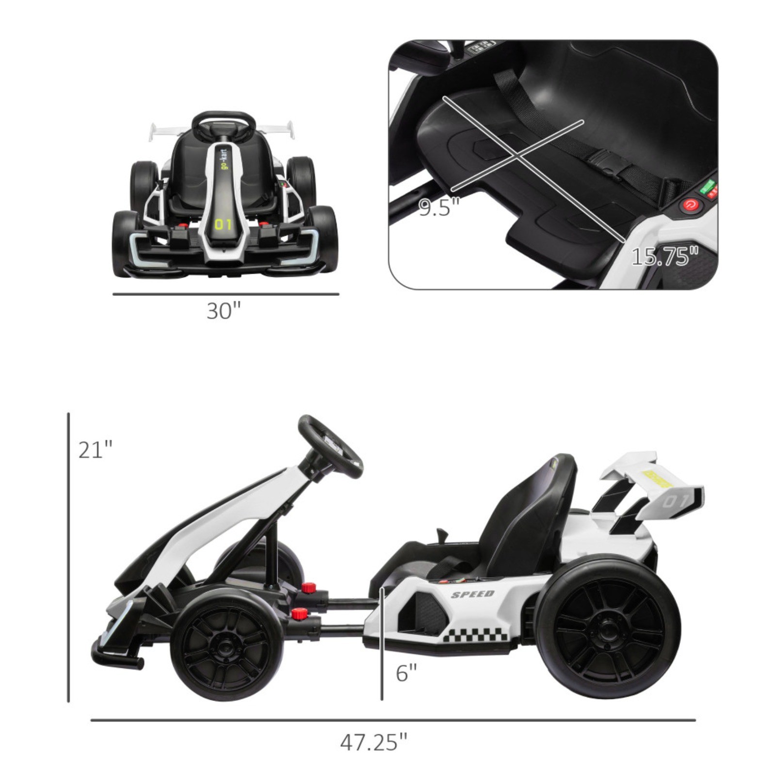 Aosom 24V 7.5 MPH Electric Go Kart Adjustable Seat Drifting for 6-12 White