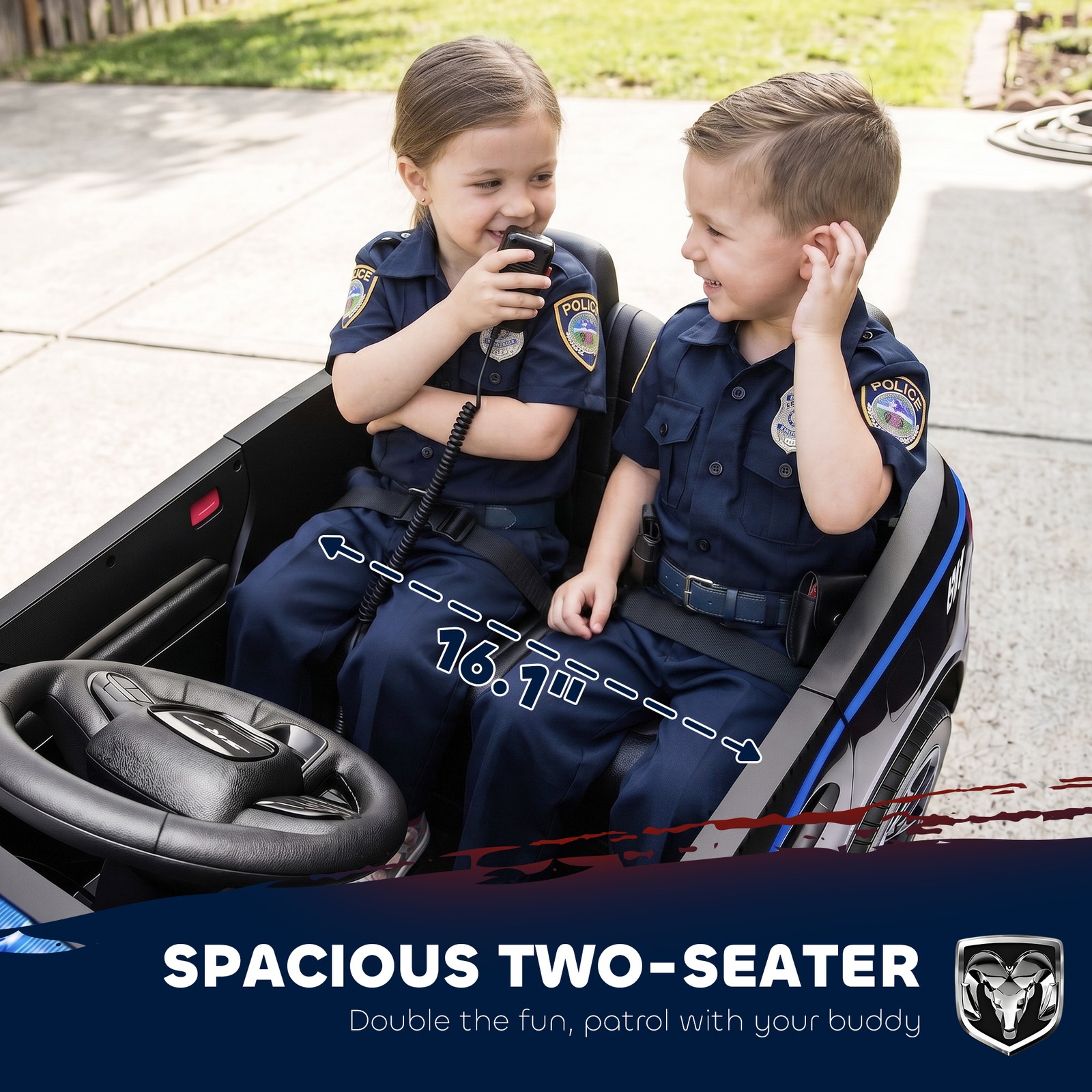 Qaba 12V Licensed Dodge Ride On Police Car with 2 Seater for Age 3-6, Black