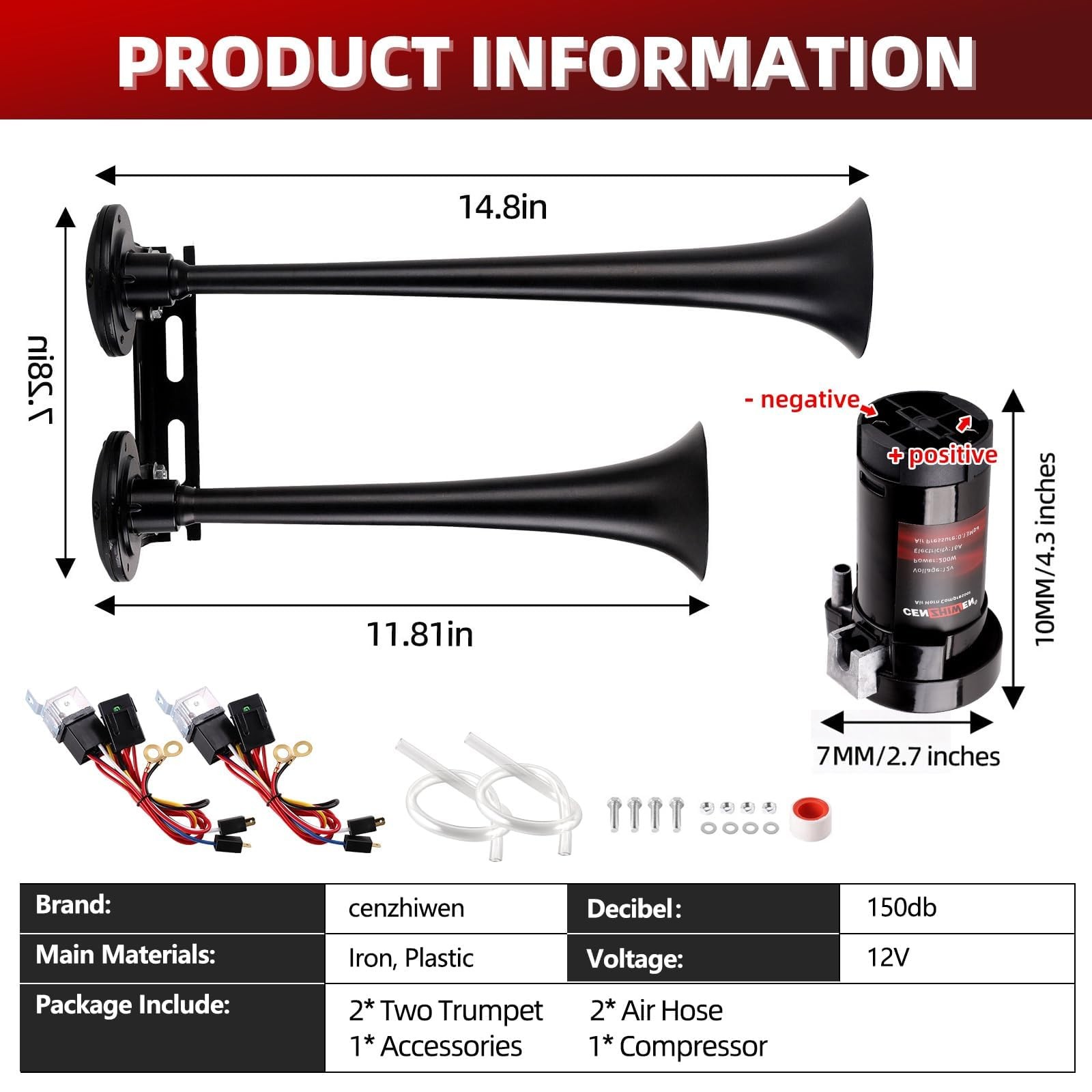 Dual 2-Trumpet Metal Air Horn for truck Kit with 2 air Compressors,12V 150dB …