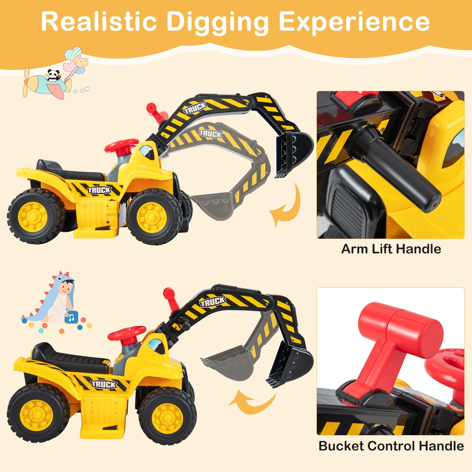 6V Electric Kids Ride On Excavator Pretend Play Toy Tractor w/ Basketball Hoop