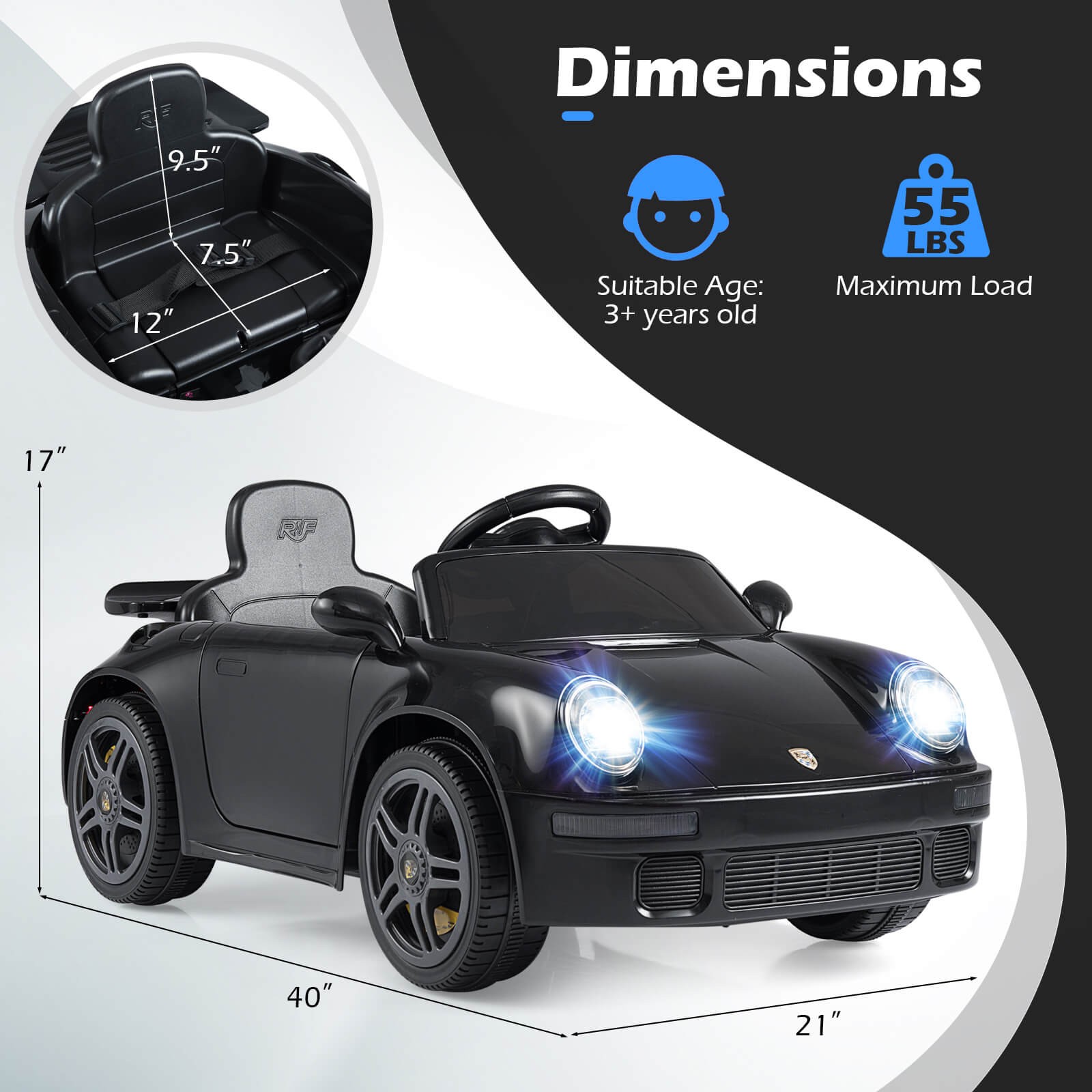 12V Licensed RUF CTR Kids’ Electric Vehicle w/Remote Control, LED Lights, Music