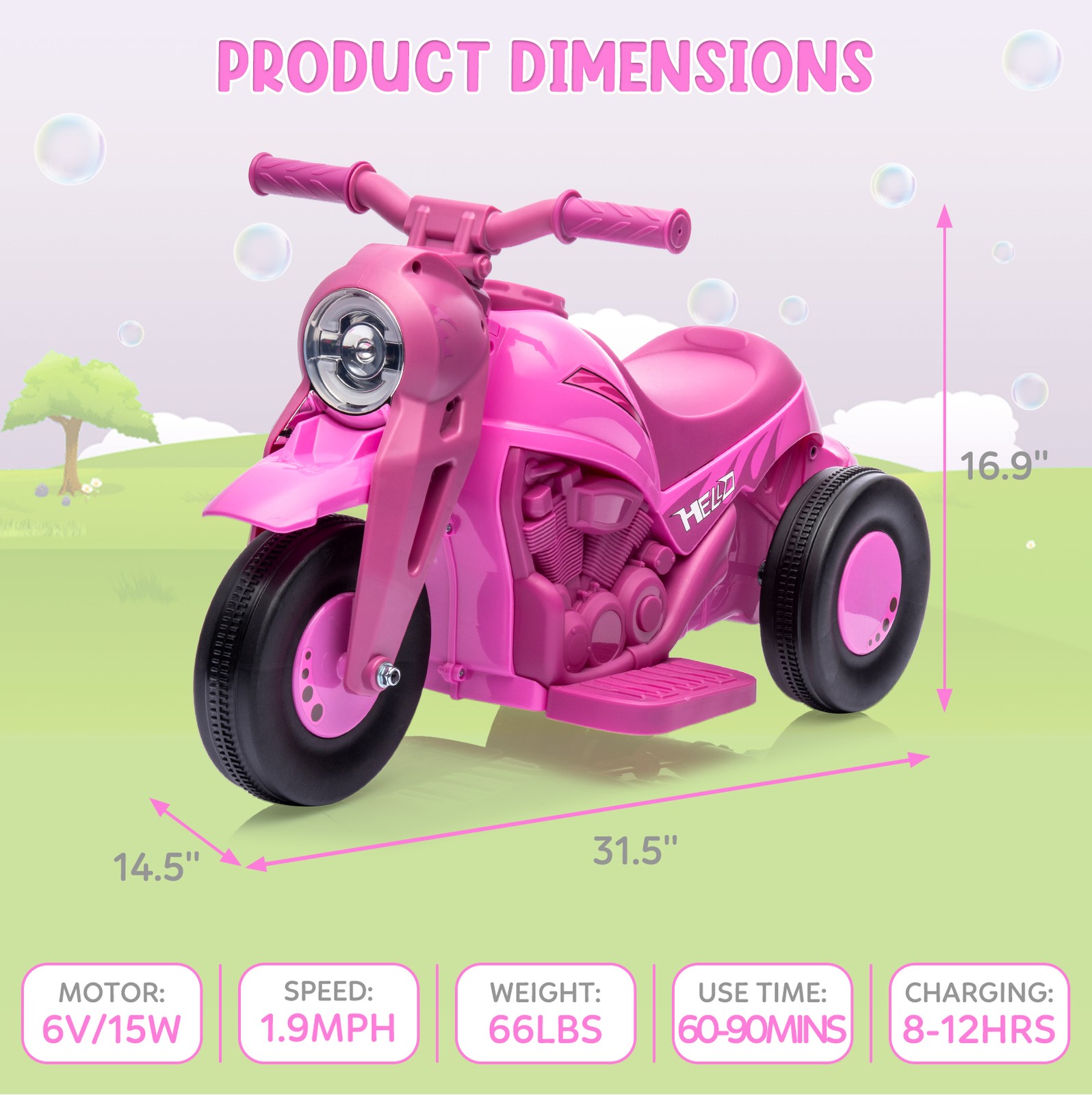 Garvee Kids 3 Wheels Motorbike 6V Ride on Bubble Car Electric Motorcycle Toys