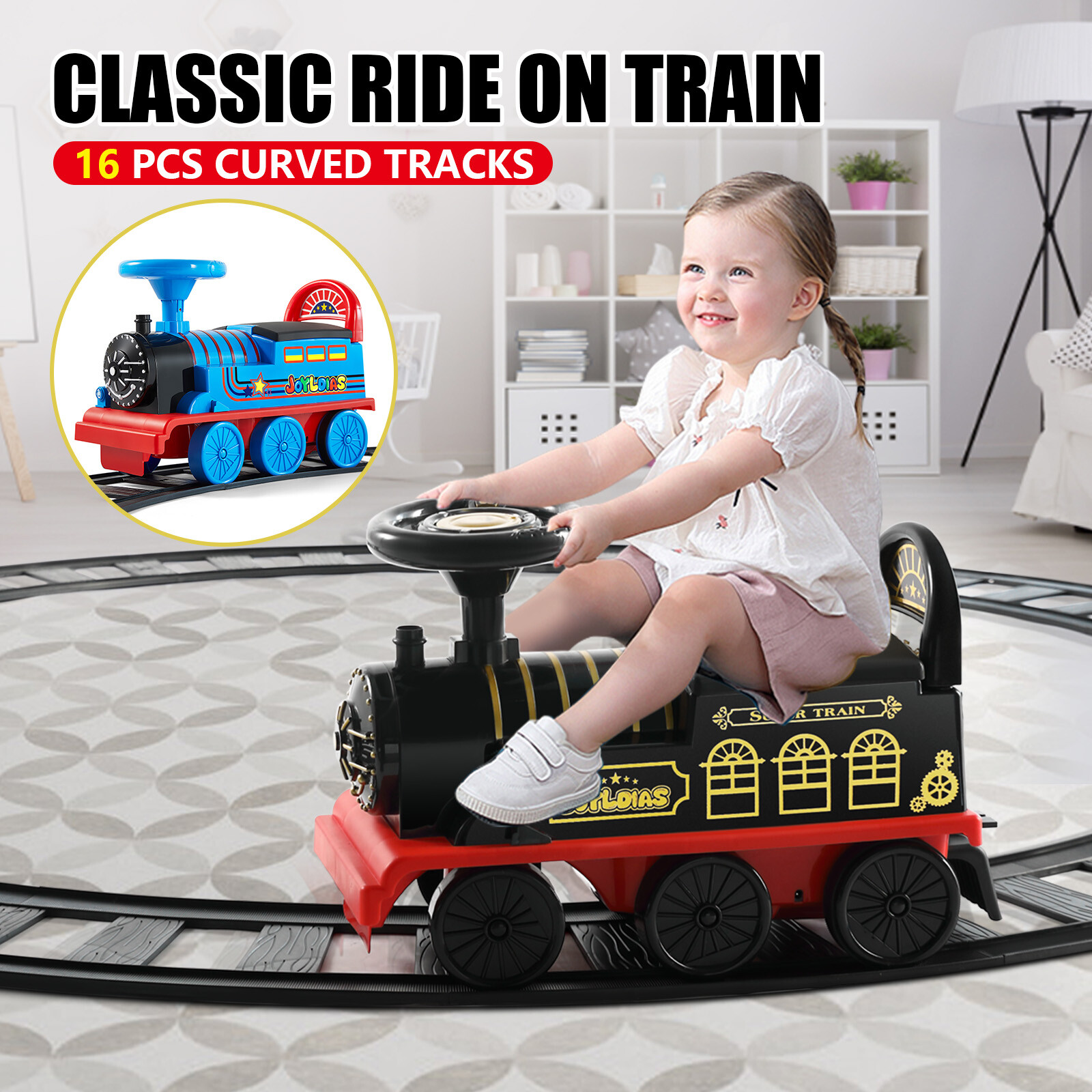 6V Kids Ride On Train Electric Toys Car w/Tracks+Lights+Music+Storage Black/Blue