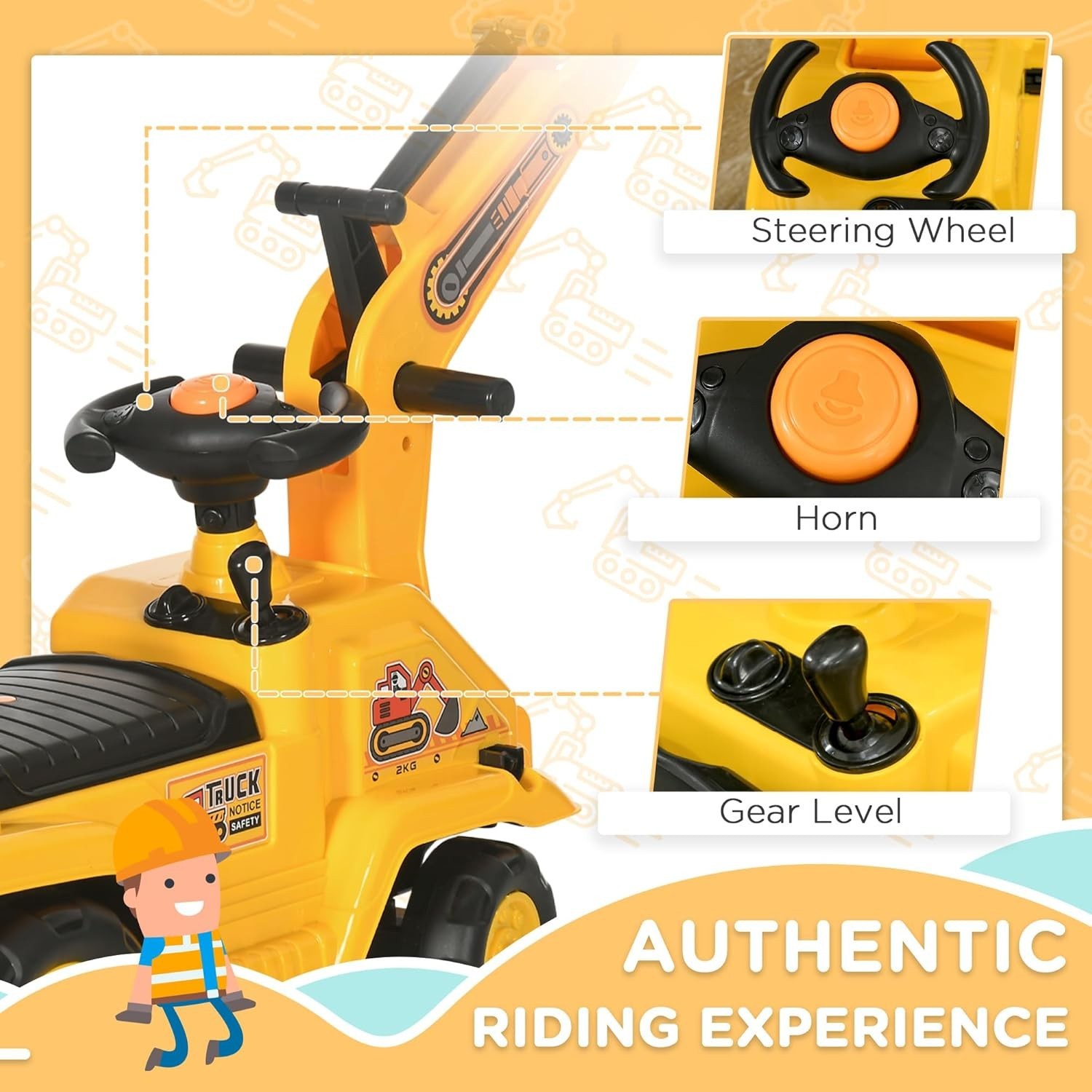 Imaginative Play Excavator Ride On Toy with Front Loader & Storage for Toddlers