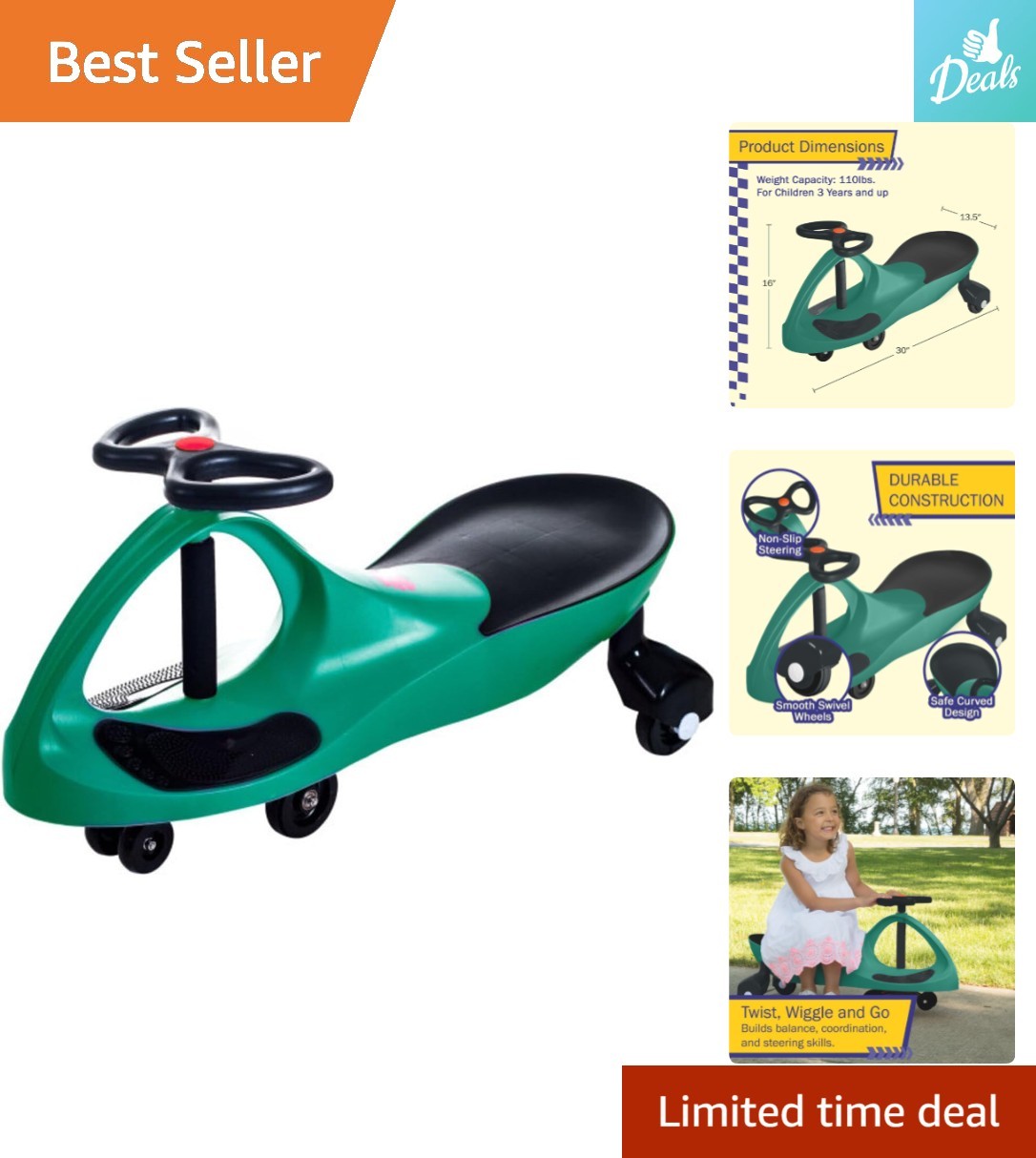 Safe Indoor/Outdoor Wiggle Car – 110lbs Capacity Kids Ride-On Toy, Green/Black