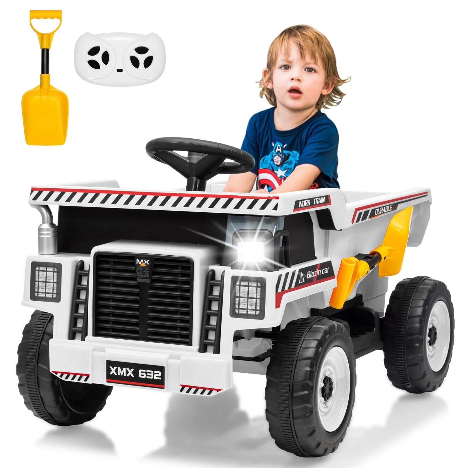12V Electric Ride On Dump Truck For Kid Ride On Toy With Shovel LED Lights Music