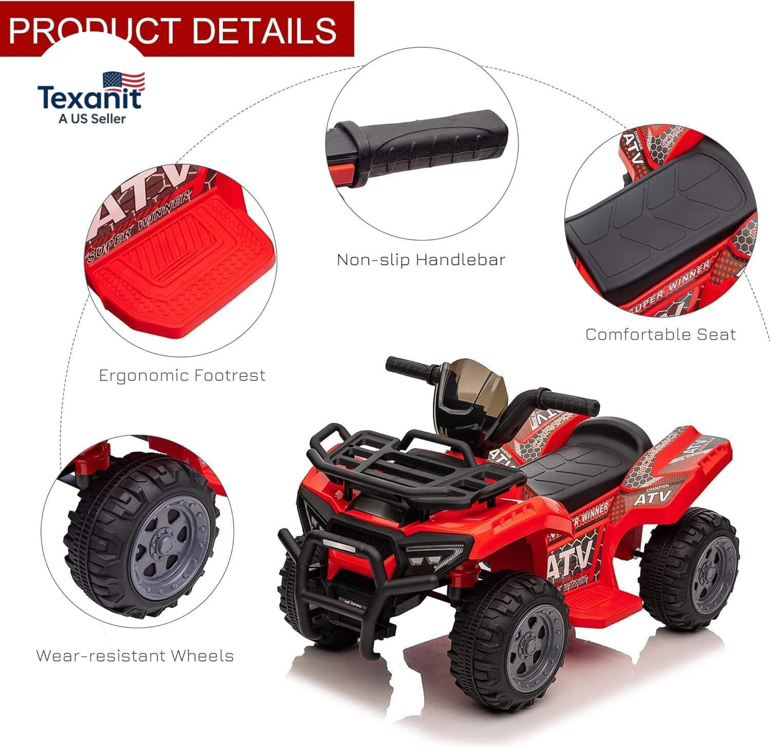 Kids ATV Four Wheeler Ride on Car, Motorized Quad, 6V Battery Powered Electric Q