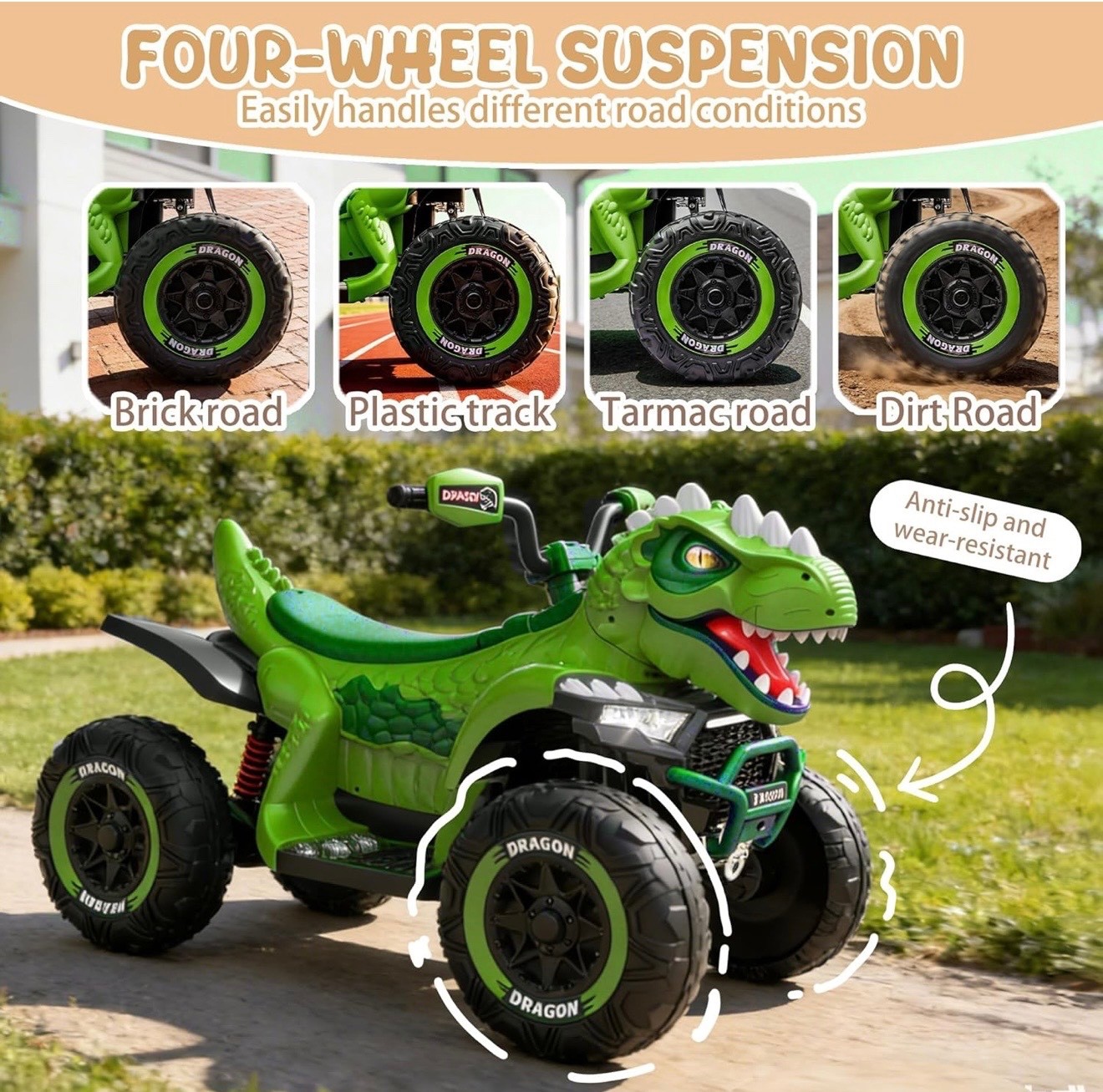 24V Dinosaur Ride On ATV for Kids, Electric 4 Big Wheel Car w/ MUSIC,BT and LED