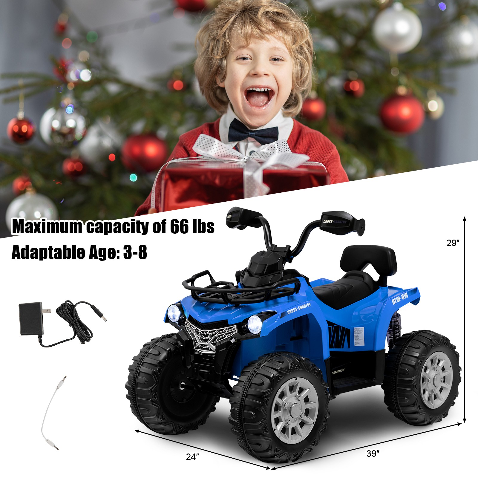 12V 2 Speeds Kids Ride ATV Electric 4-Wheeler Quad w/ Mp3 & Headlights Blue