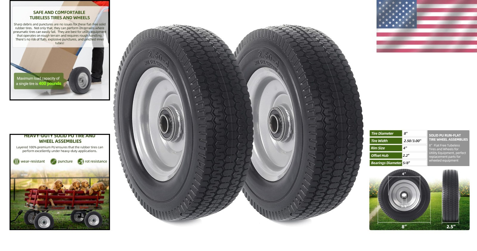 8-Inch Flat-Free Wheel Assemblies – 5/8 & 3/4 Bearing Compatibility