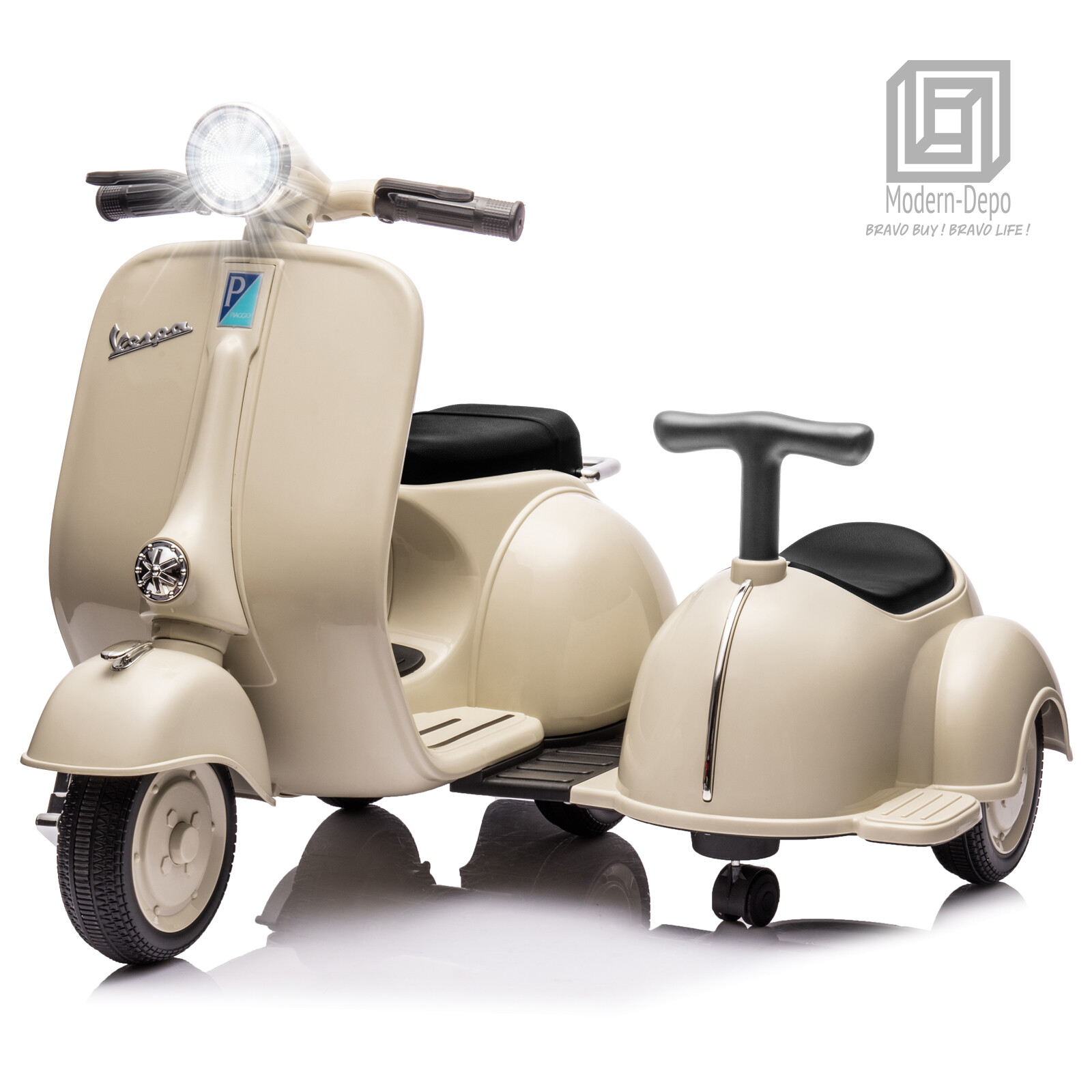 Licensed Vespa Kids Ride On Car Motorcycle w/ Side Car&Light, 2 Seater Toy Car