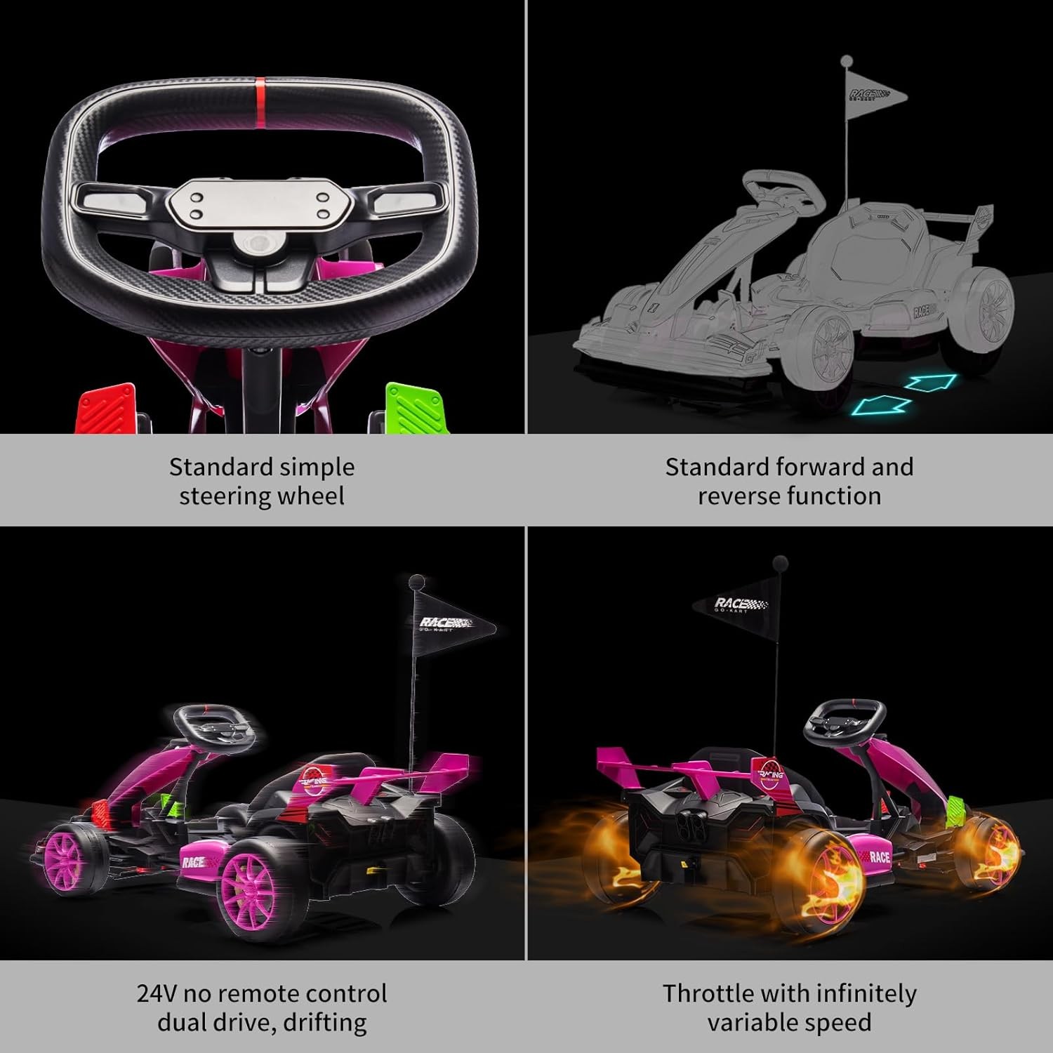 24V Drift Cart for Kids, Dual Motors, Electronic Brake, Adjustable Seat,Foldable
