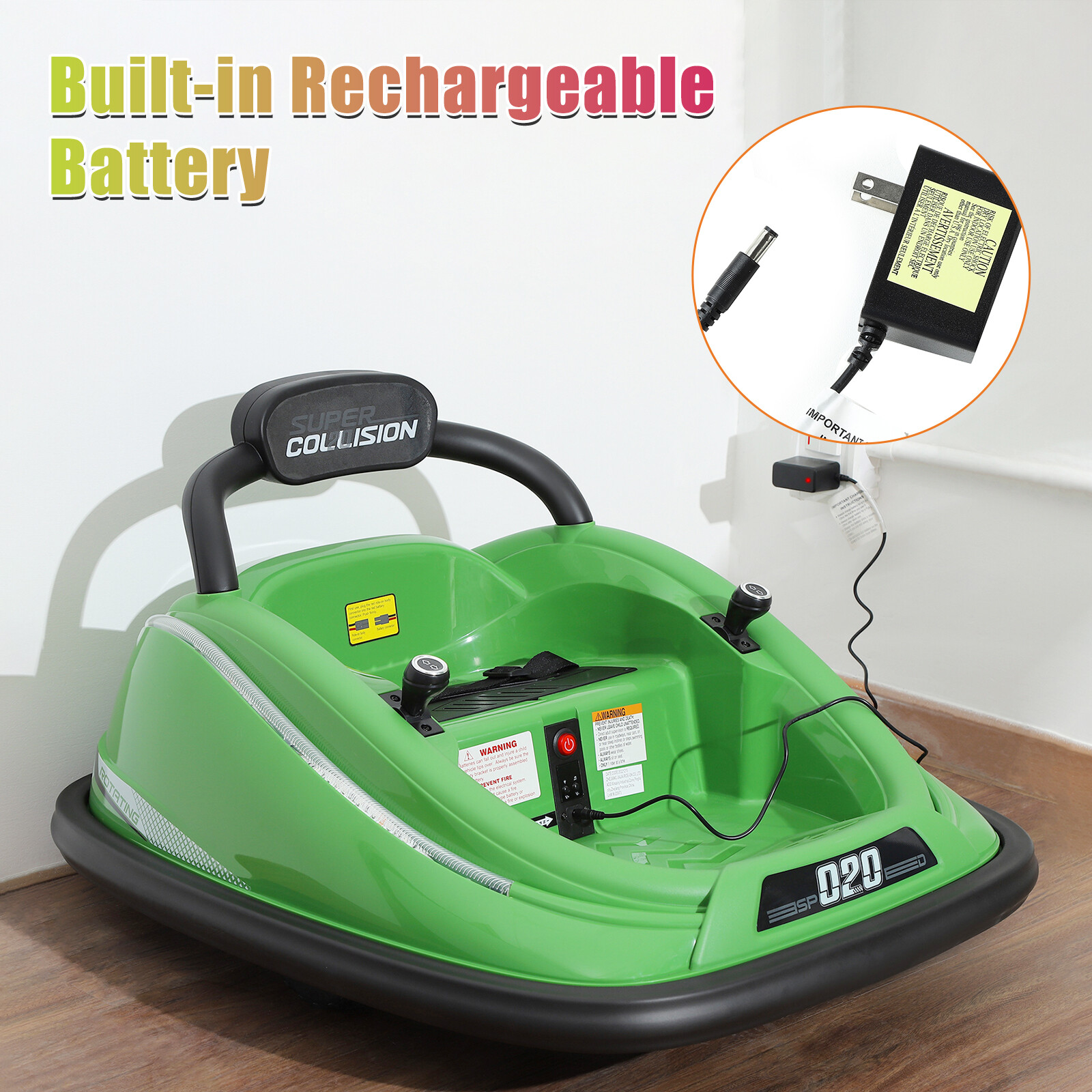 12V Kids Bumper Car Twins Motor w/Parent Remote Control LED Light 360° Rotation