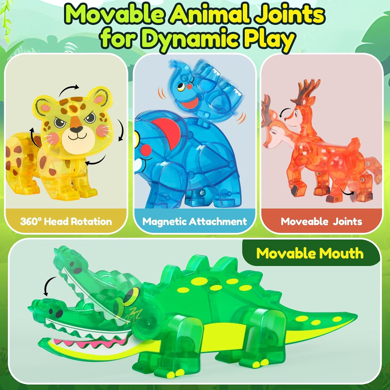 Jungle Animal Toys for Magnetic Tiles, 5Pcs Movable Joints Forest Magnetic Anima