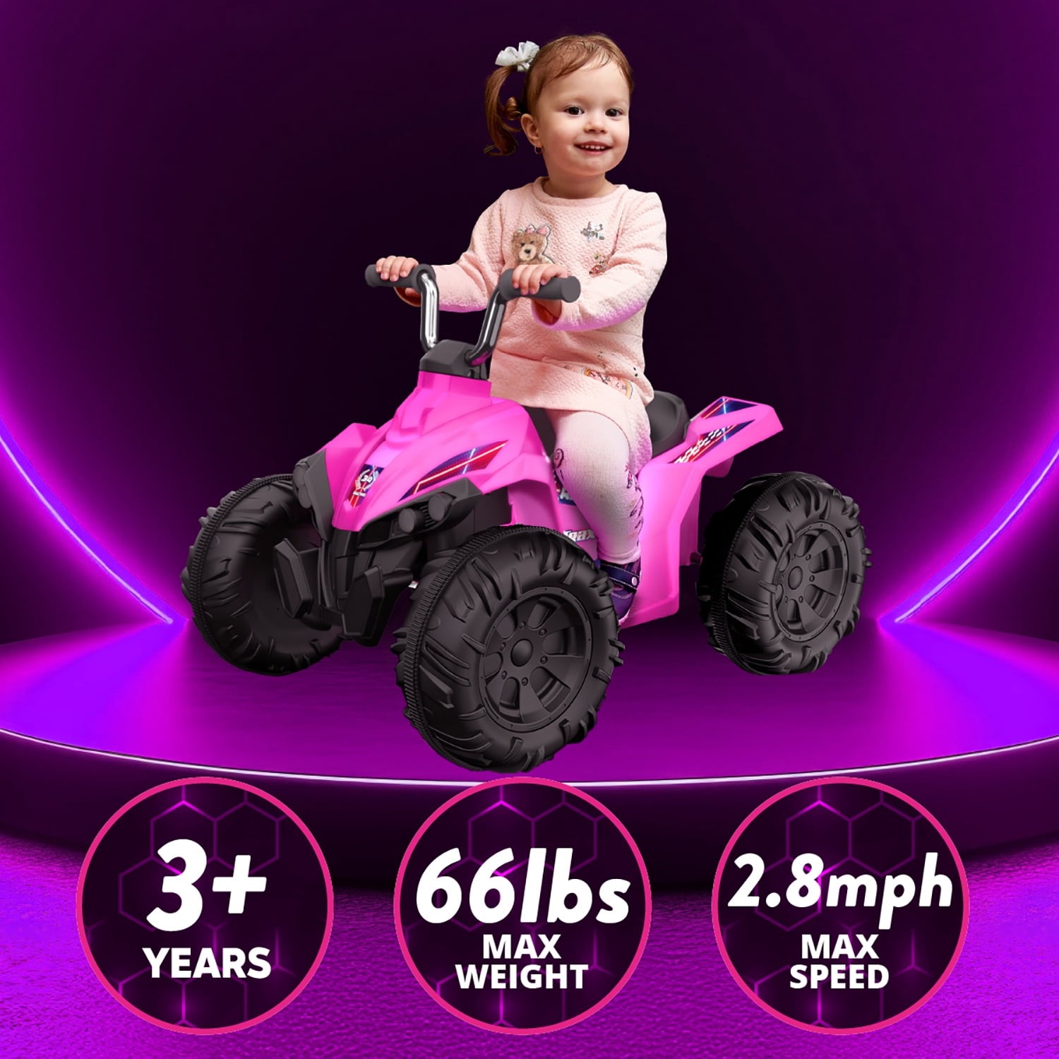Kid Trax 12V Glow ATV Ride-On Toy, Pink, with LED Lights, Rechargeable Battery,