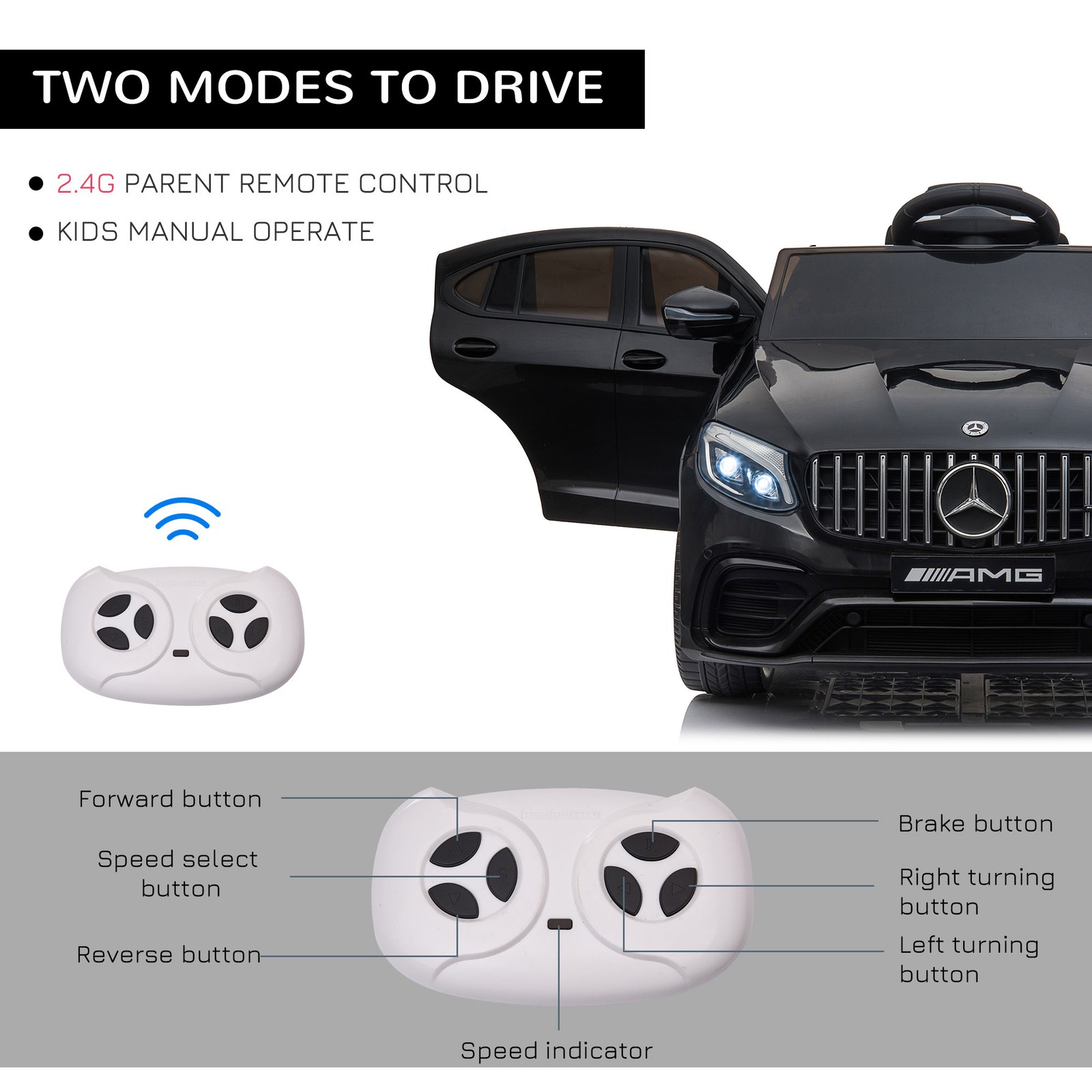 Mercedes Benz 12V Kids Electric Car with Remote & Lights, 2 Speed, Black