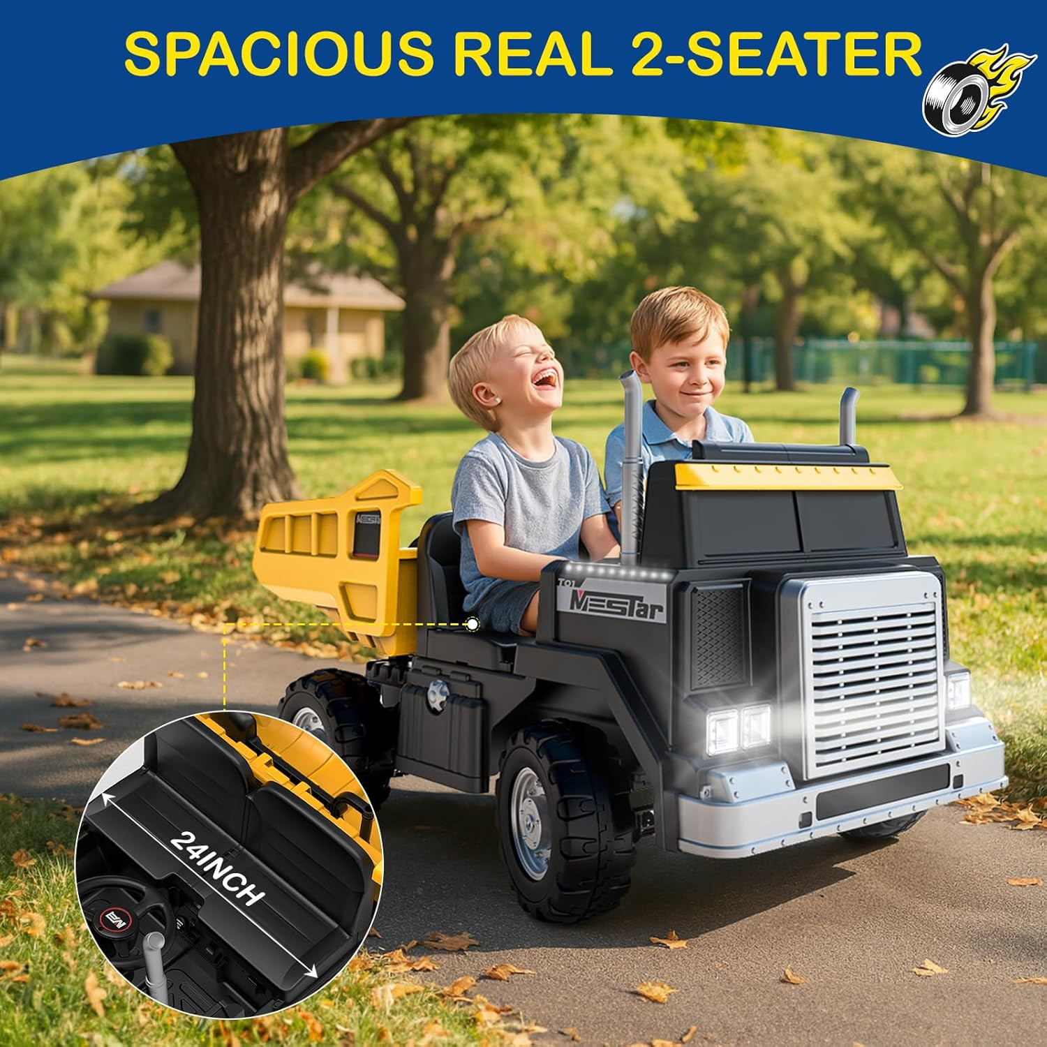 OP60 24V 2-Seater Ride on Dump Truck for Big Kids, 2X200W Powerful Rear Motors,