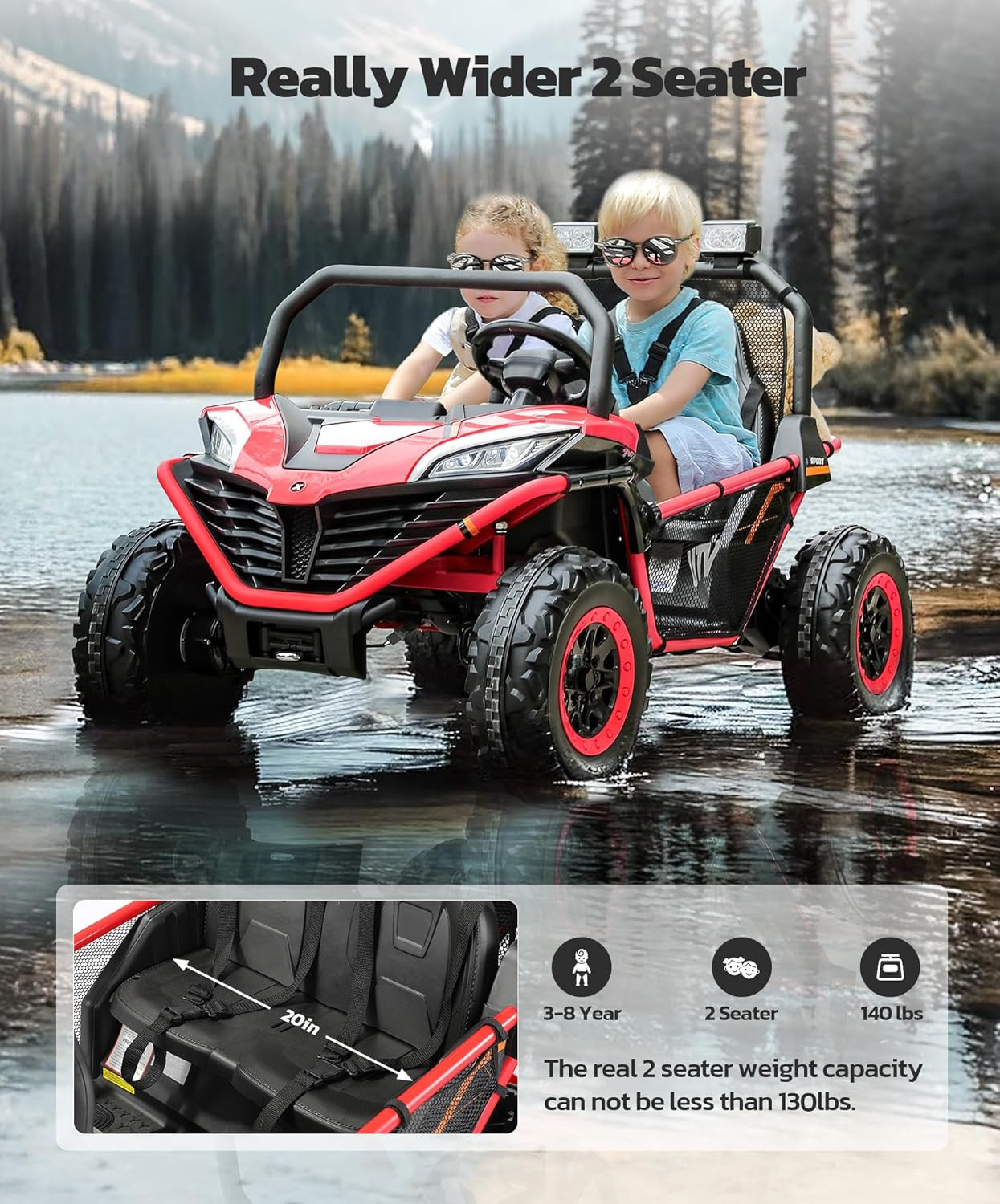 24V Ride on Car for Kids, 2 Seater XL 20″ Seat Ride on Toy, 10AH 4WD Battery Pow