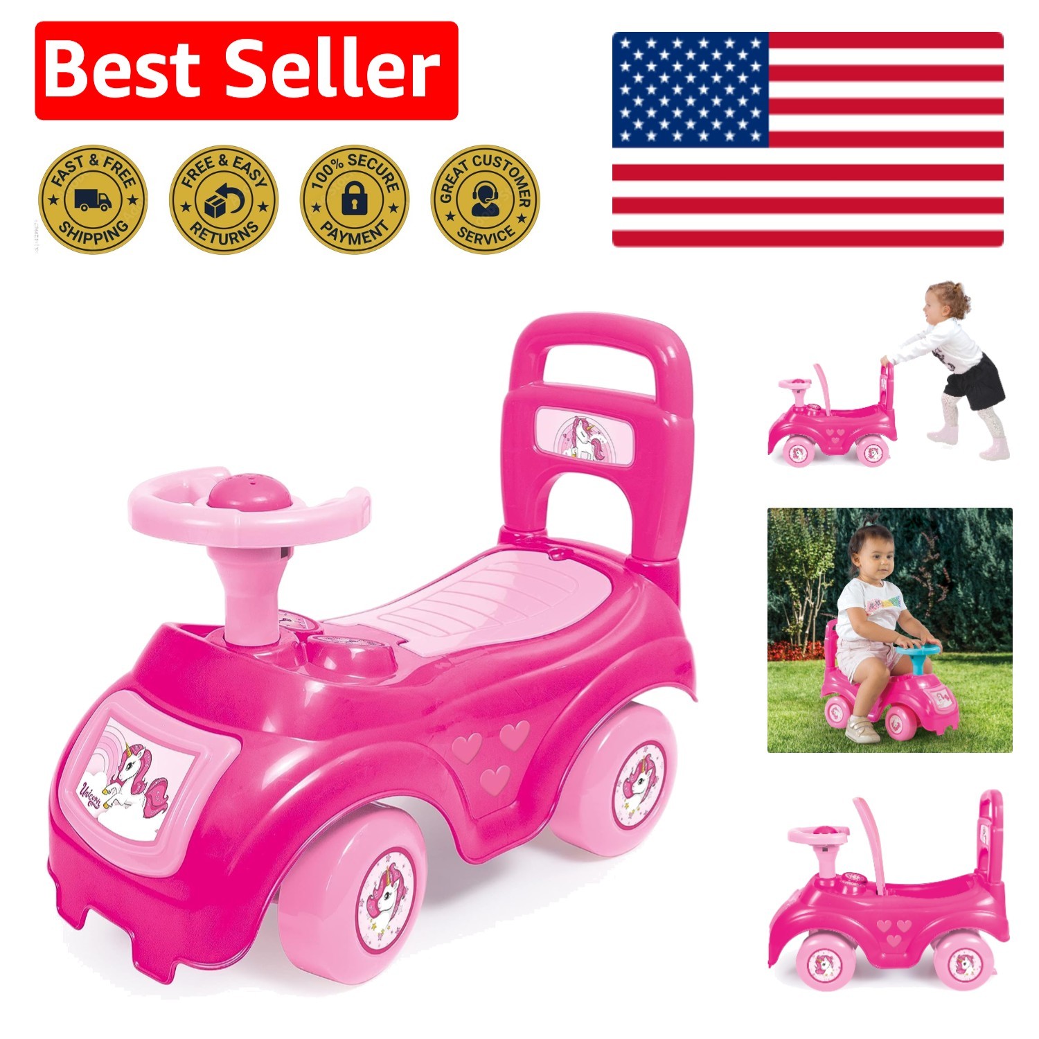 Foot-to-Floor Pink Unicorn Ride-On with Sound for Engaging Play – Ages 12mo+