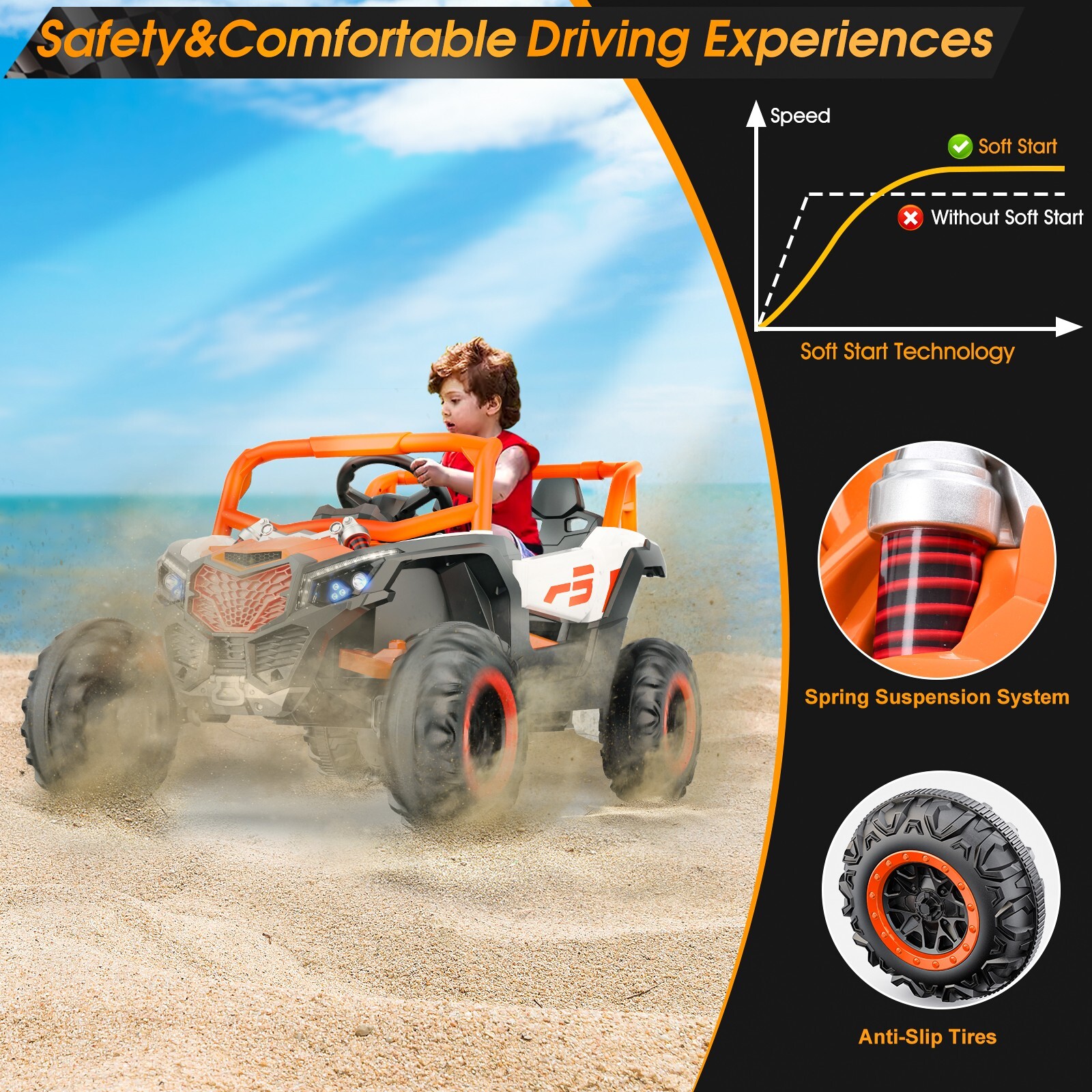 24V children’s ride with remote control, 2-seater toy UTV, Bluetooth, LED lights