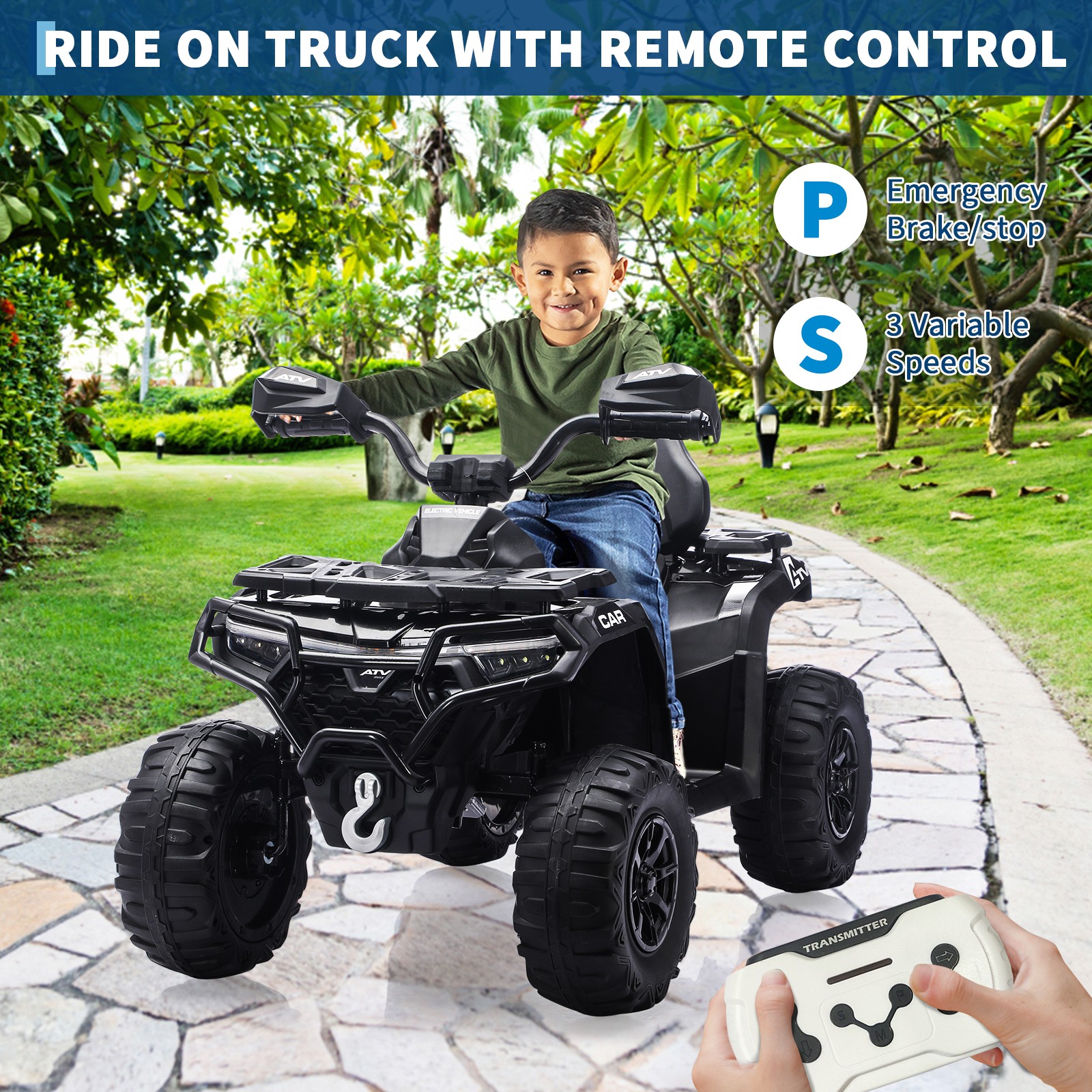 12V Kids Ride On Car w/ RC,Electric Off-Road ATV Car Toys with LED Lights,Music