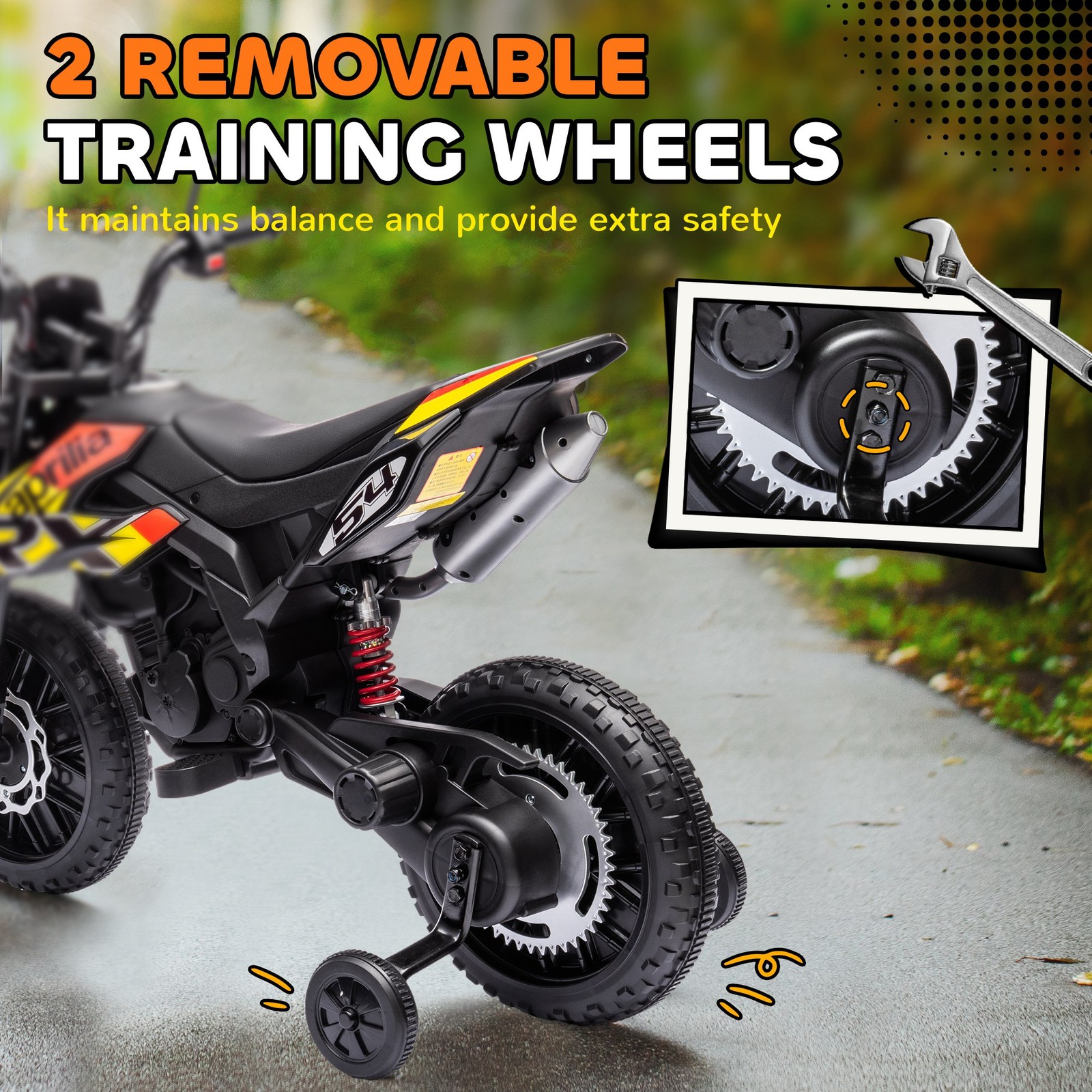 12V Aprilia Licenced Kids Motorcycle with Training Wheels, Yellow