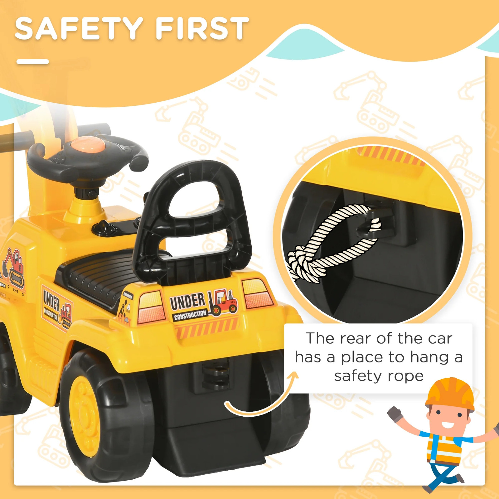 3-in-1 Kids Construction Ride On Toy Digger Excavator Scooter Pull Cart Play Tru